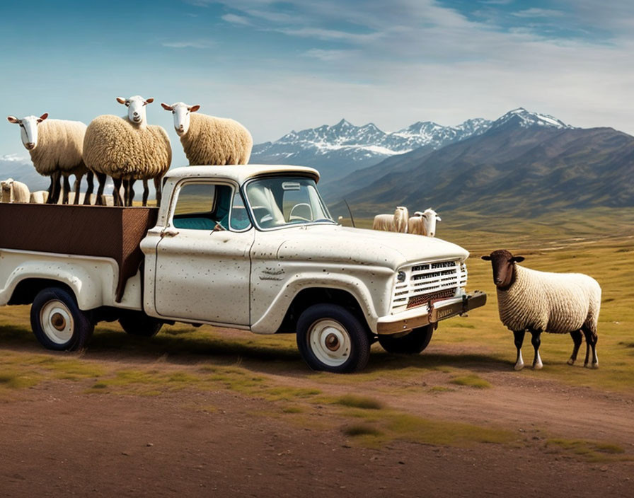 Vintage white truck with sheep in grassy field and mountains.