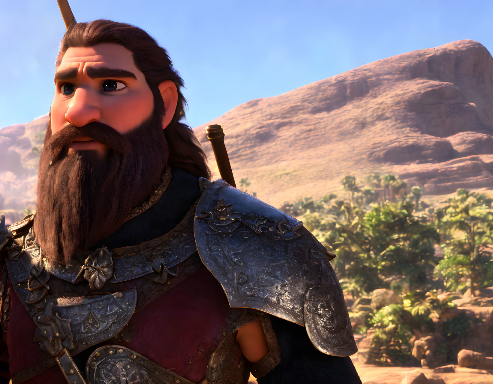 Animated bearded character in medieval armor outdoors with desert landscape.