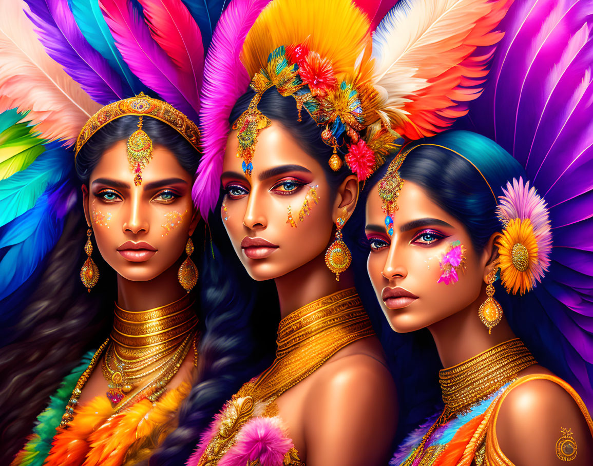 Vibrant feather headdresses and intricate jewelry on three women.