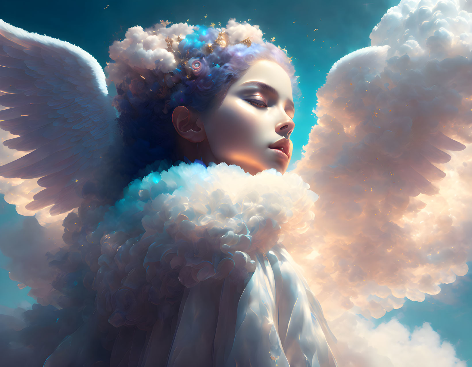 Serene angelic figure with white wings in blue and white palette