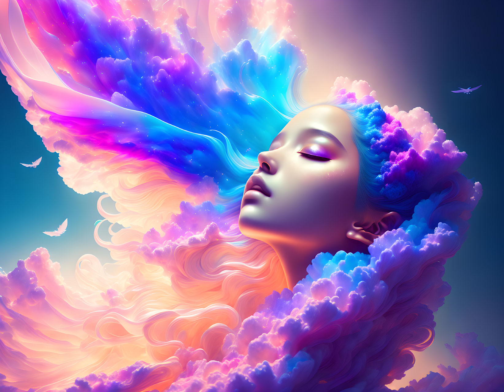 Vibrant surreal illustration blending woman with nebula clouds.