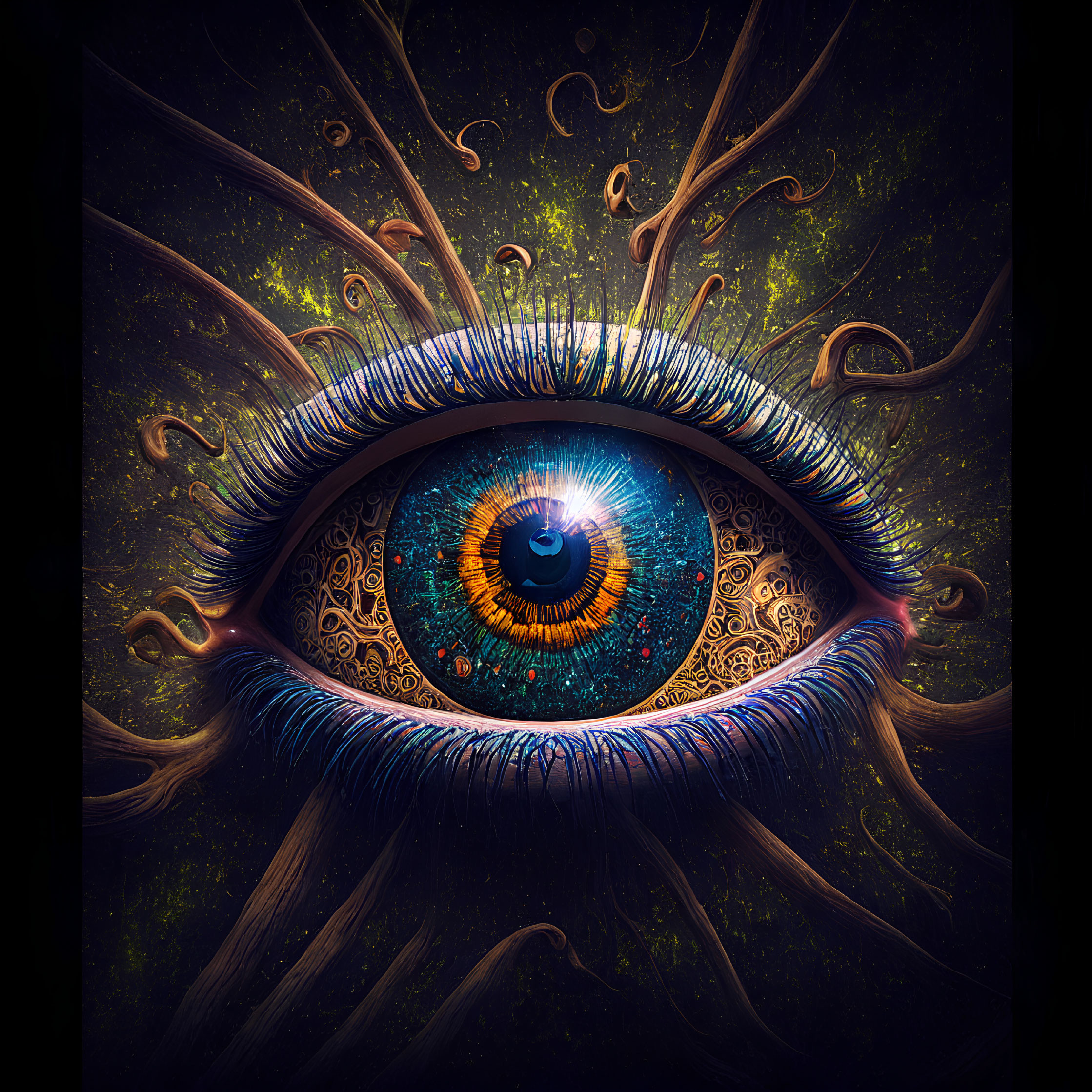 Colorful surreal eye with intricate iris and swirling tentacle-like shapes