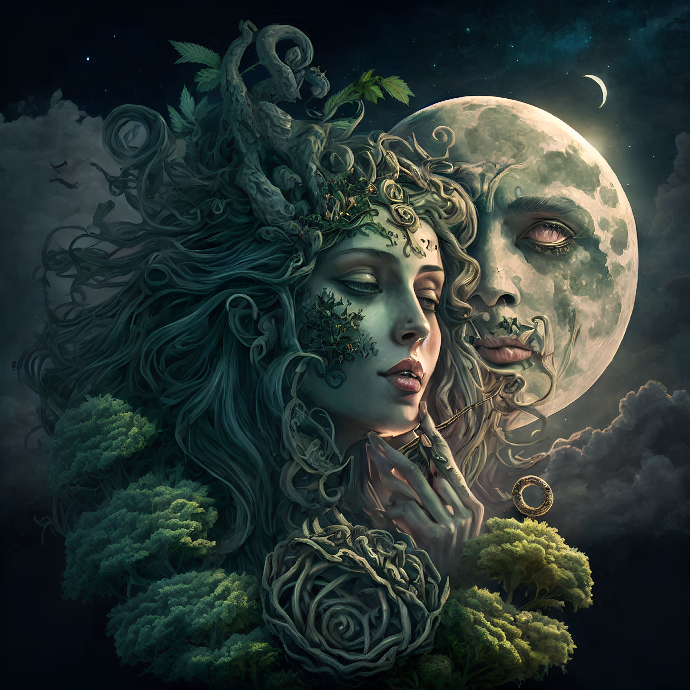 Portrait of woman with leafy adornments and moon background.