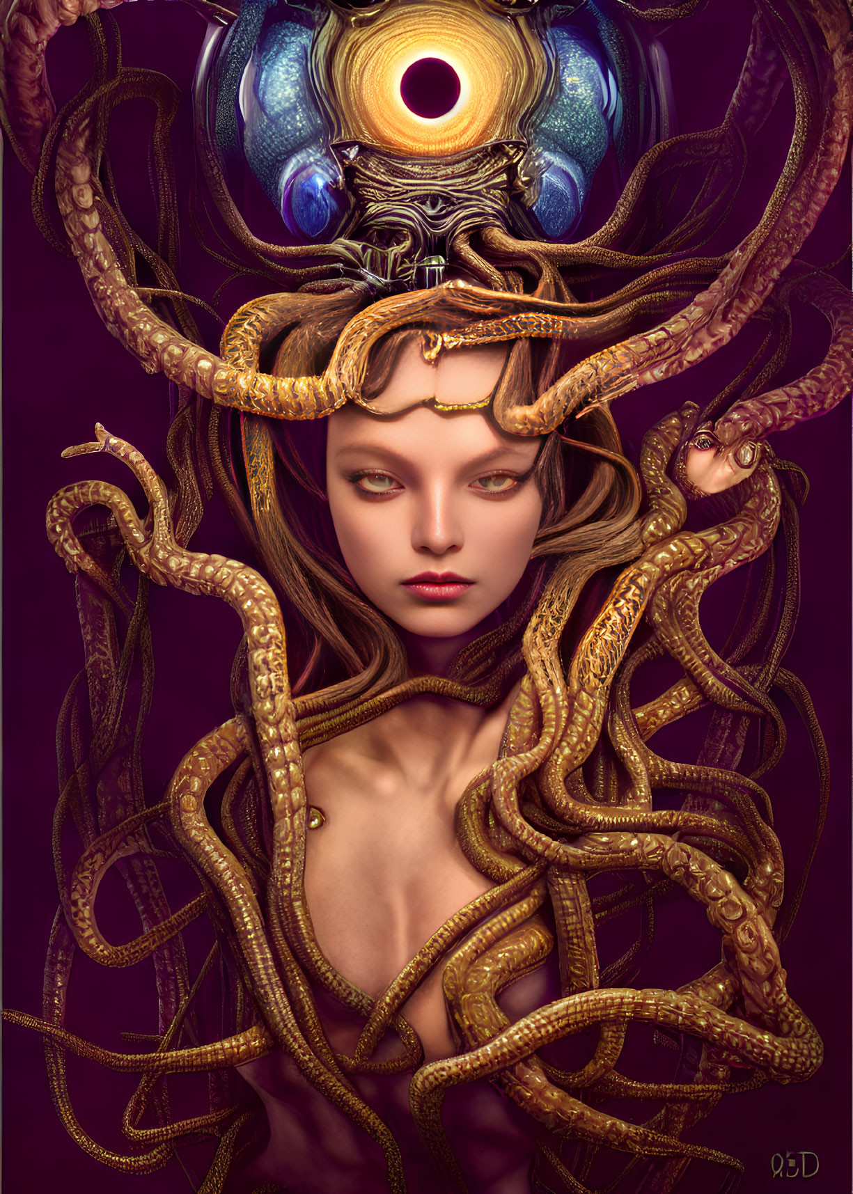 Digital artwork of woman with golden serpent hair & ornate headdress with central eye & blue details