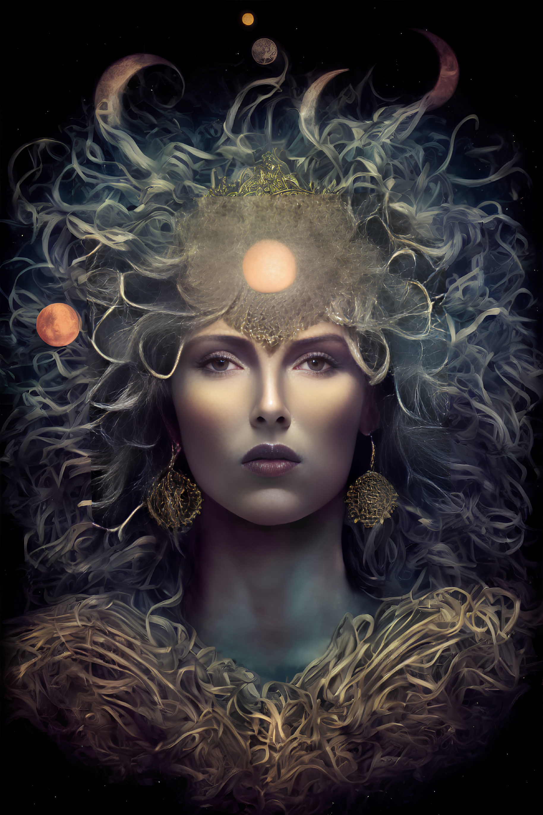 Celestial surreal portrait of a woman with horns and planets