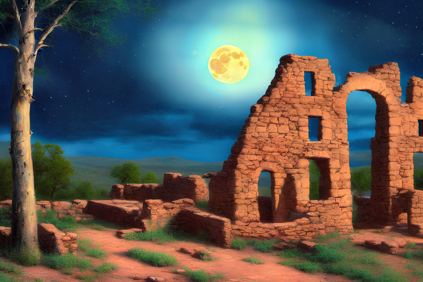Moonlit ancient ruins in tranquil night landscape