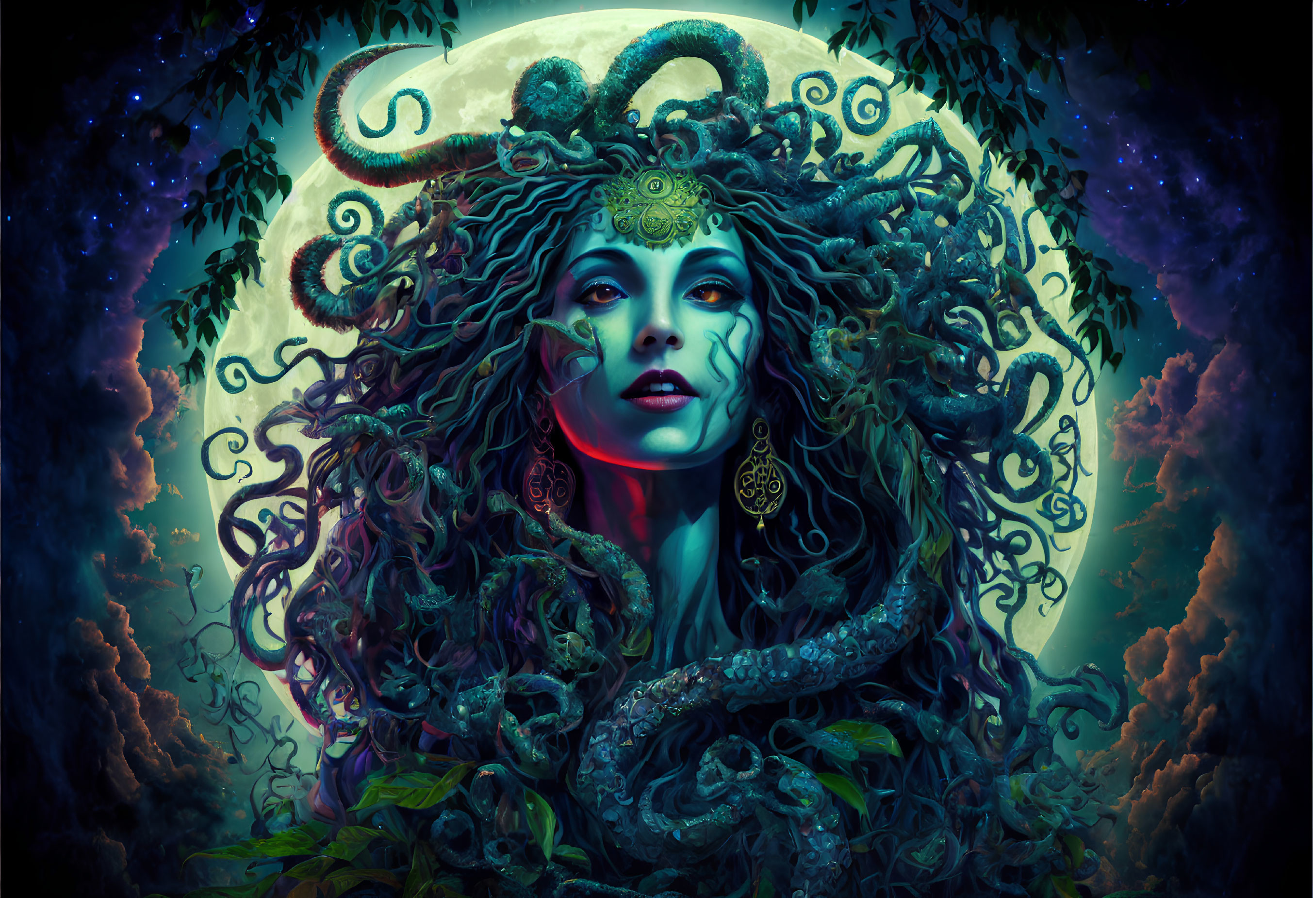Mythical Woman with Snake Hair in Celestial Setting
