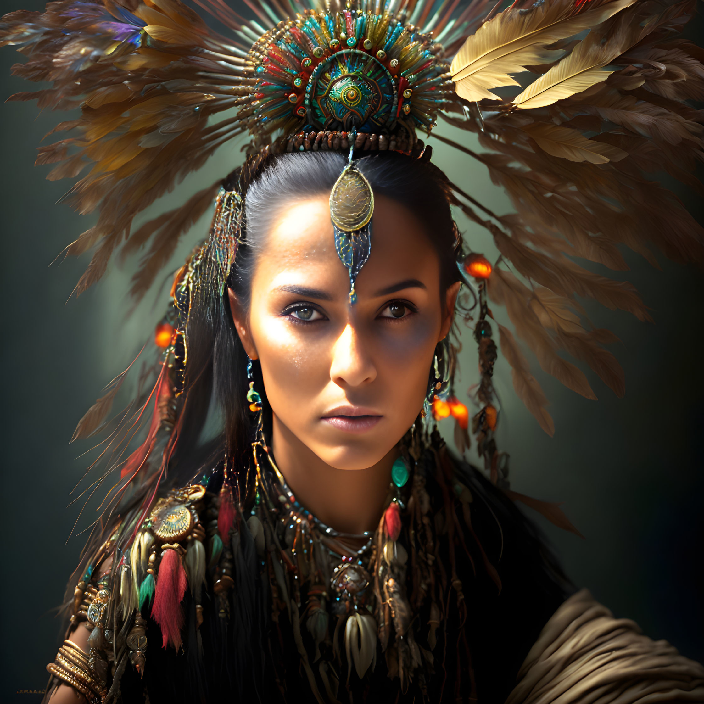 Elaborate feathered headdress and striking facial jewelry on intense woman