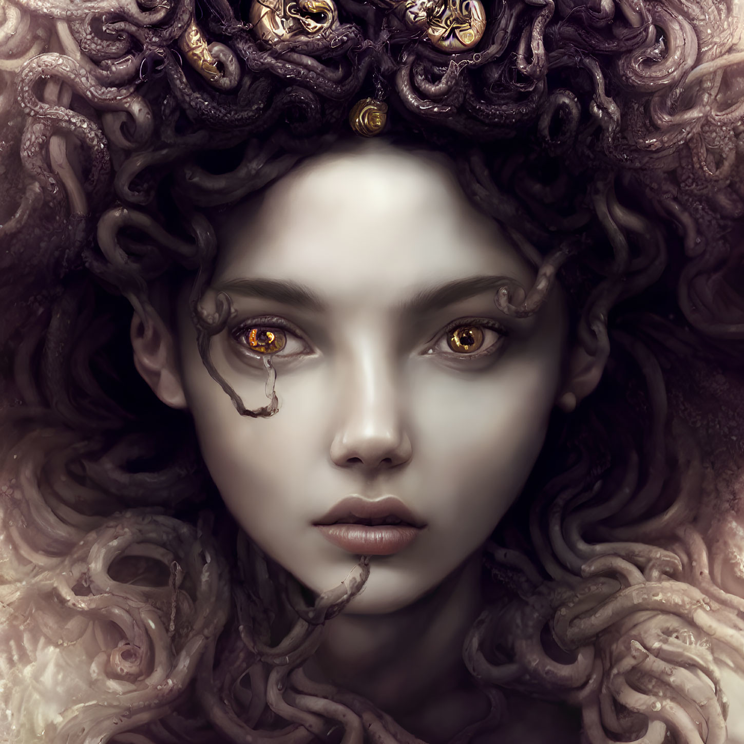Golden-eyed woman with serpentine hair and gold ornaments: A mystical, Medusa-like illustration