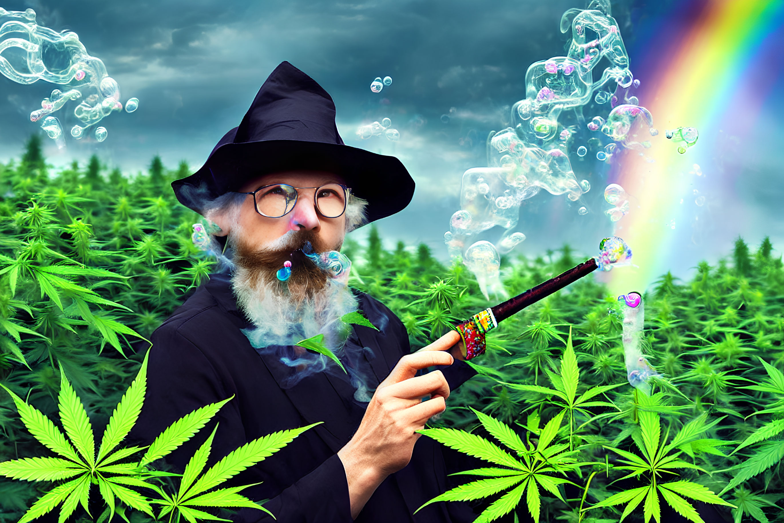 Wizard blowing bubbles in cannabis field with rainbow