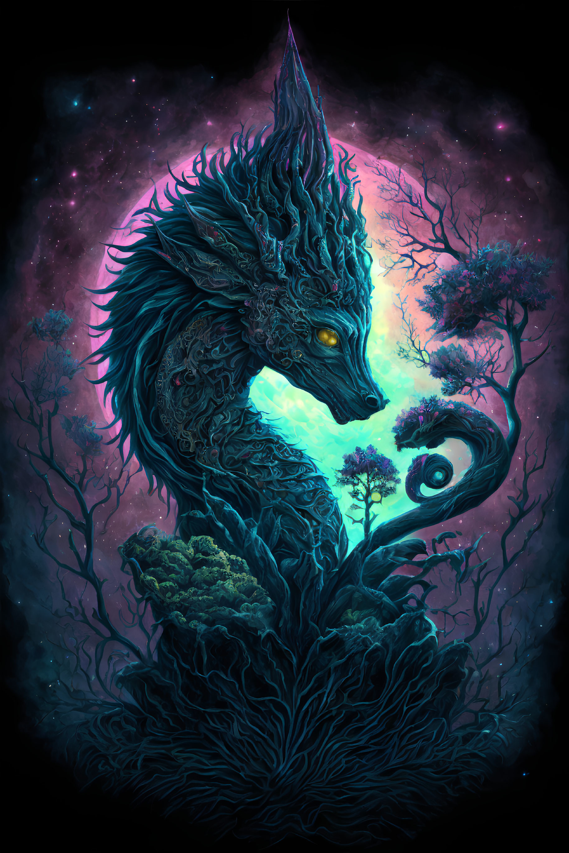 Dragon entwined with glowing foliage in mystical night scene