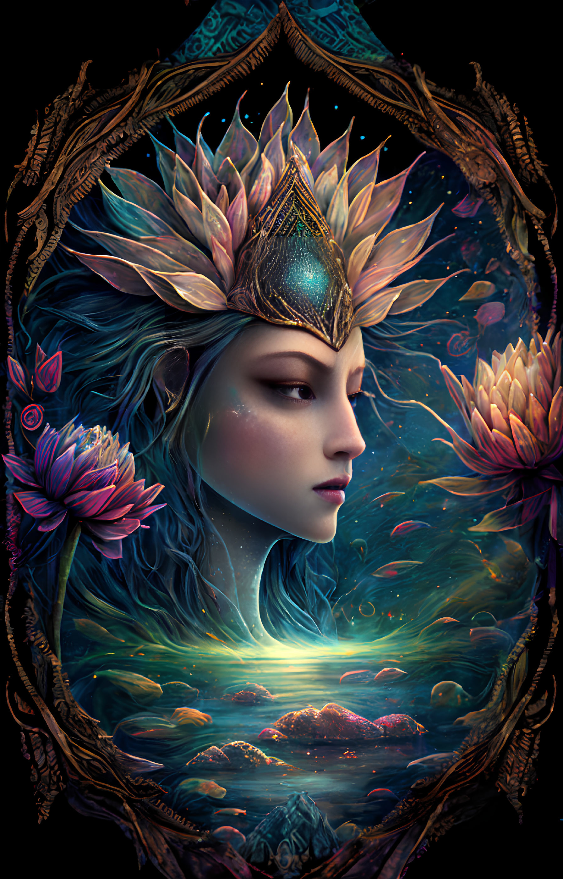 Fantasy-themed illustration of woman with golden crown and water lilies in ornate oval frame