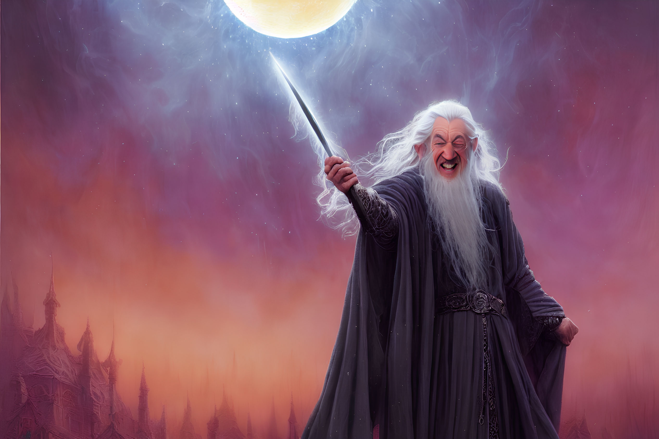 Elderly wizard casting spell under cosmic sky with castle.