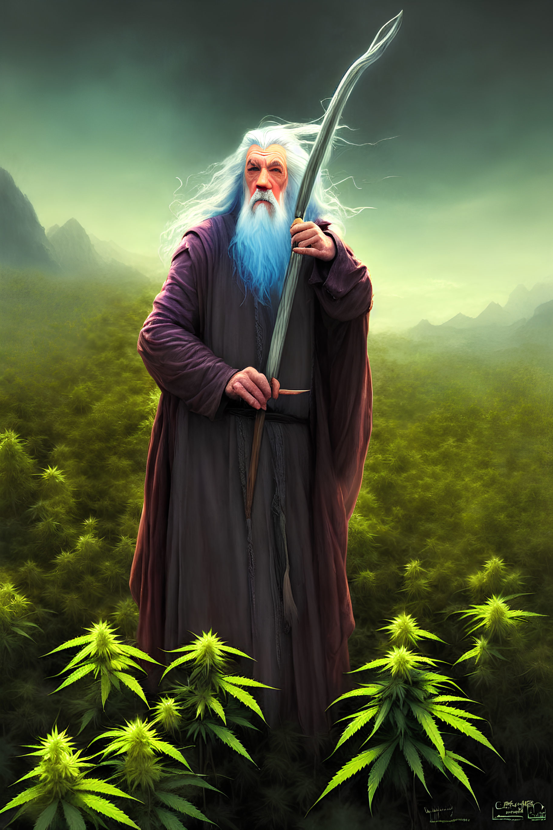 Elderly wizard with long white beard in mountainous landscape