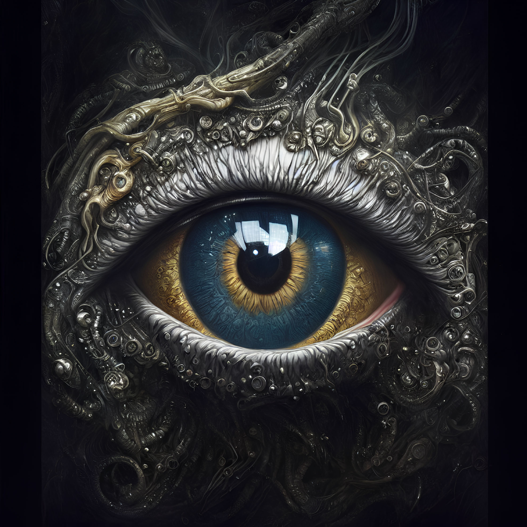 Detailed surreal eye illustration with ornate metallic shapes and vibrant blue iris