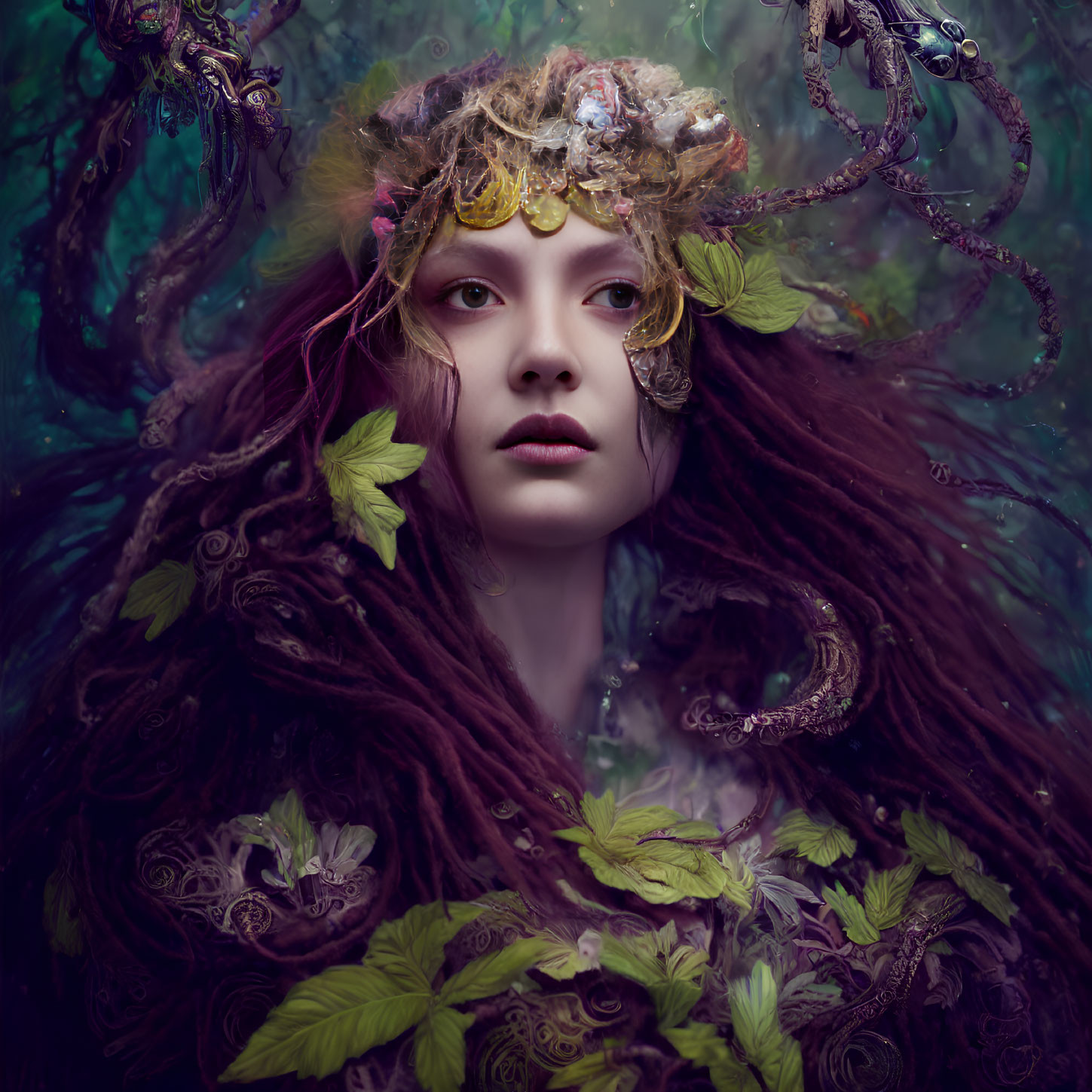 Portrait of Person with Flowing Red Hair and Leaf/Branch Headpiece in Mystical Forest