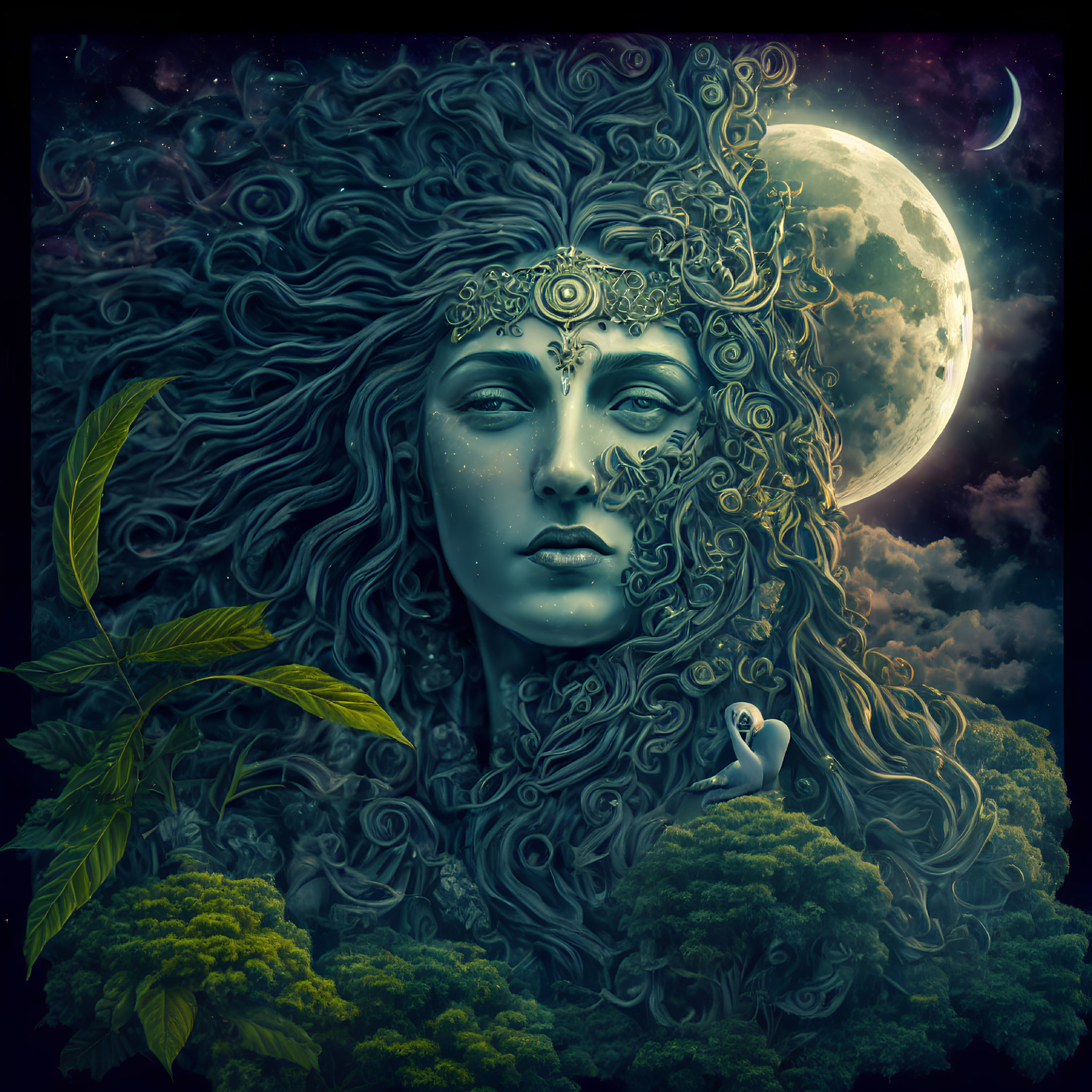 Portrait of woman with elaborate headpiece merging with night sky, full moon, clouds, and bird.