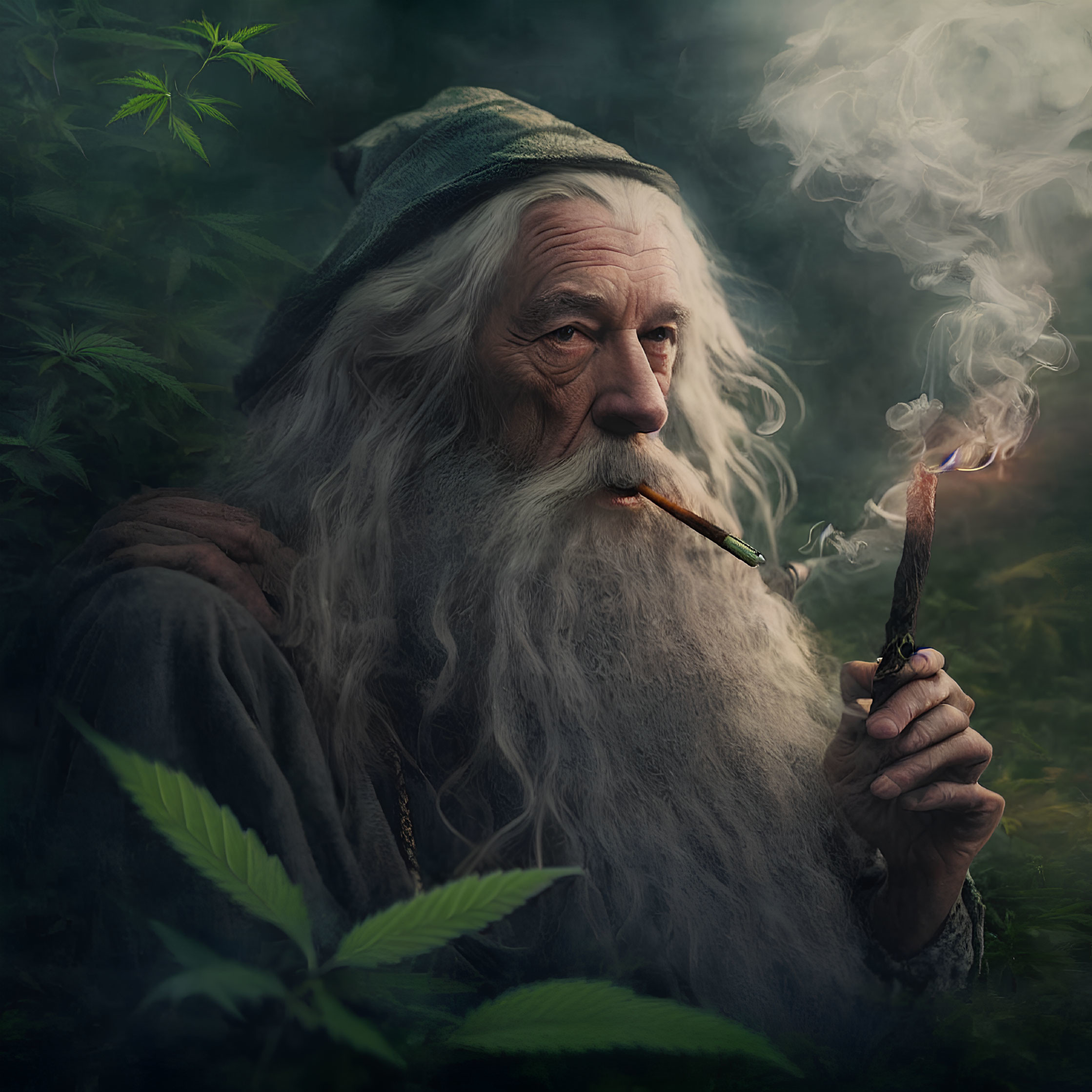 Elderly man with long white beard in green hat smoking pipe in misty setting