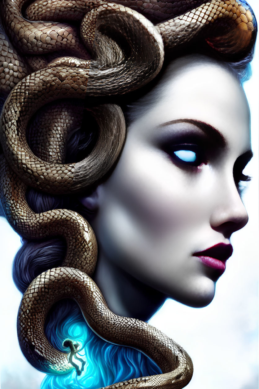 Digital artwork: Woman with snake, dark eyes, vibrant lips