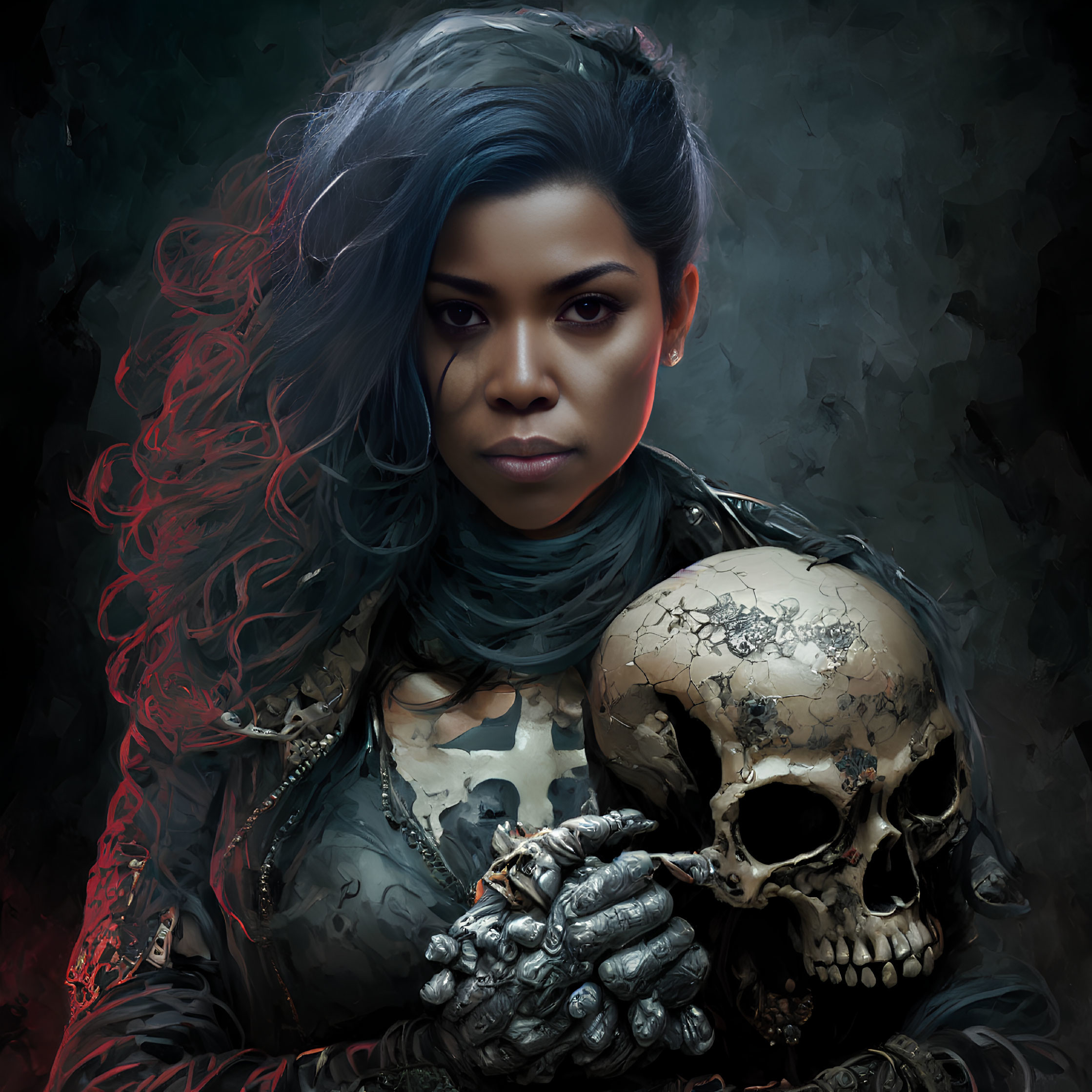 Blue-haired woman holding skull in dark, eerie setting