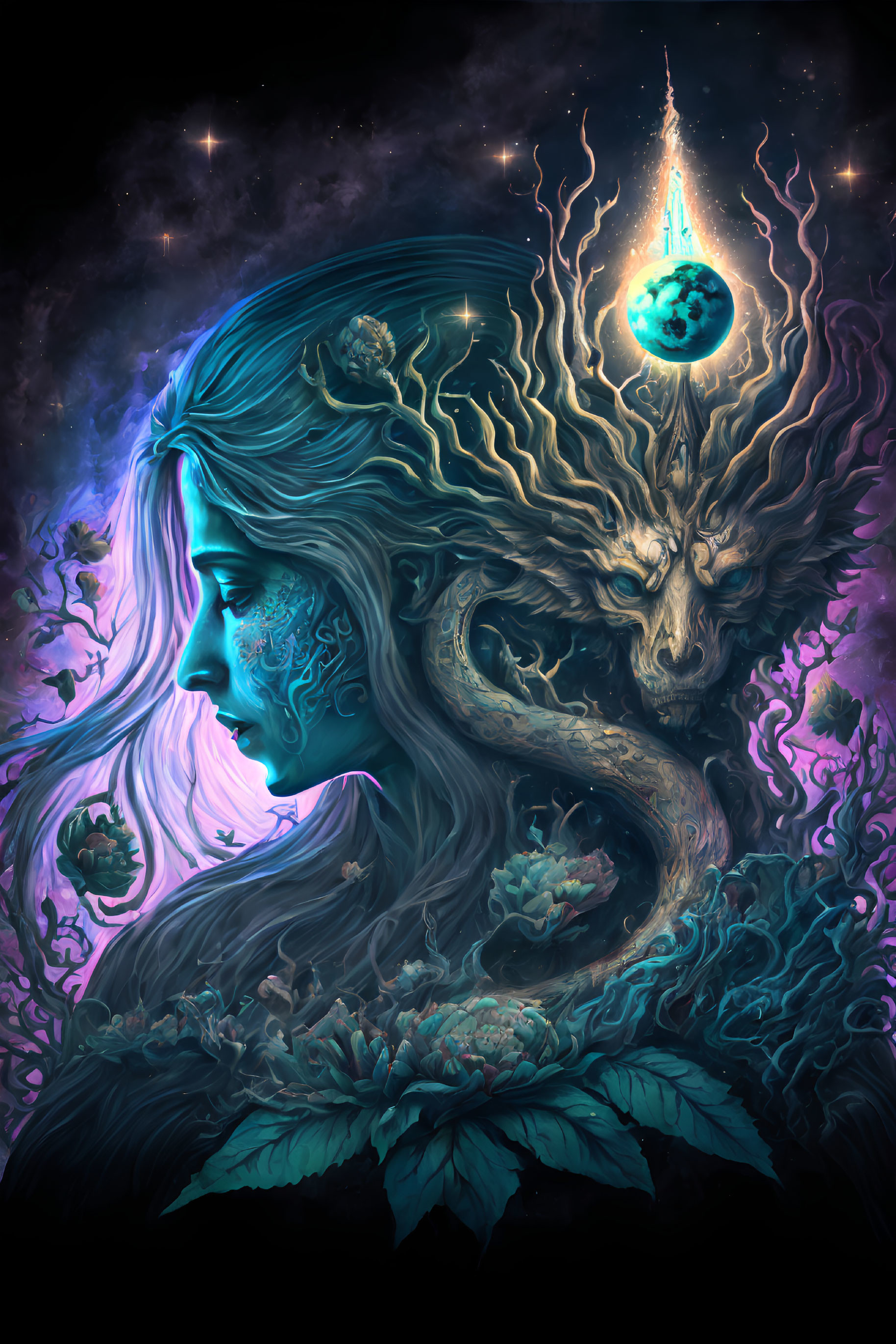 Fantastical portrait of woman with blue hues and cosmic elements