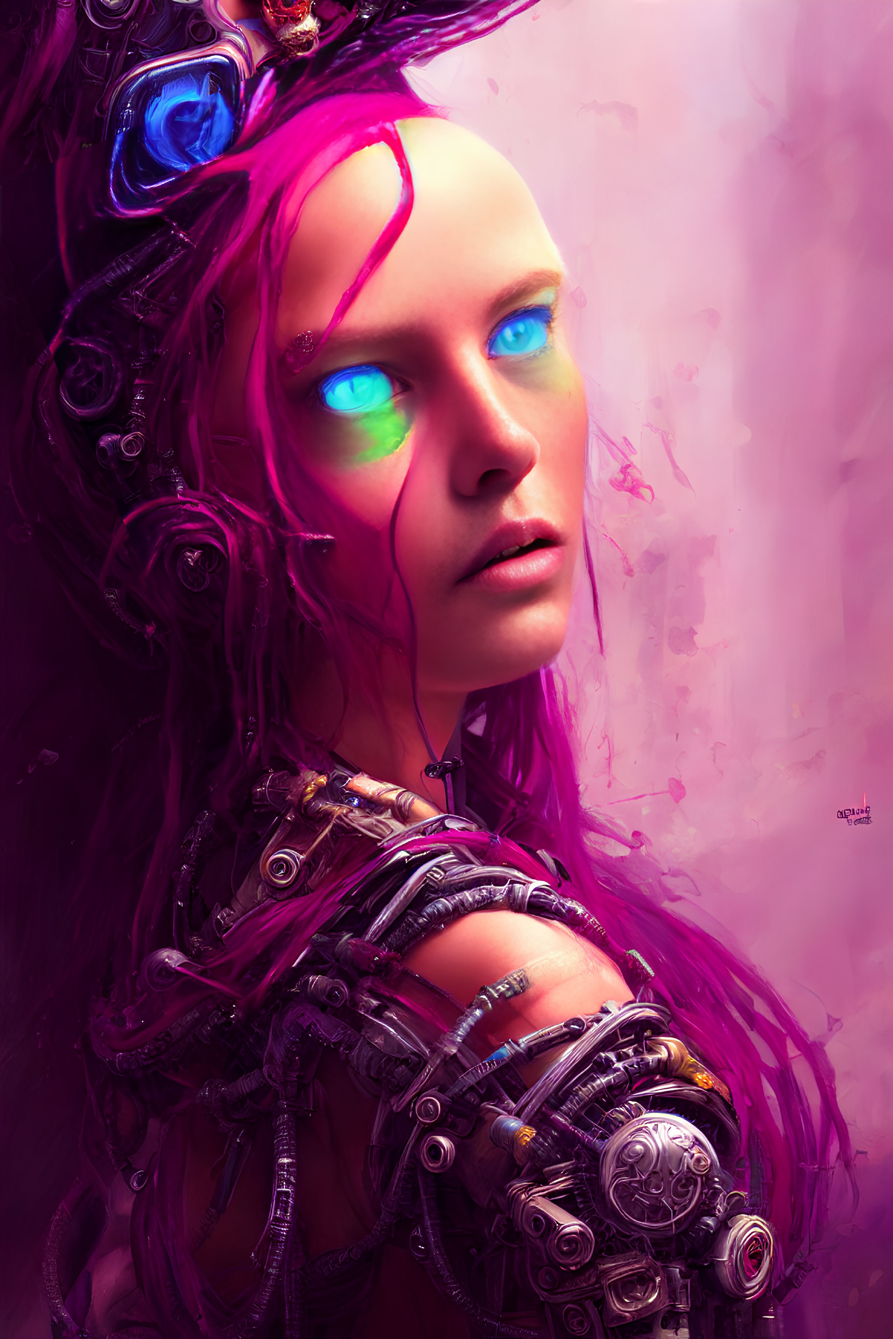 Female cyborg digital artwork with green eyes and pink accents on purple background