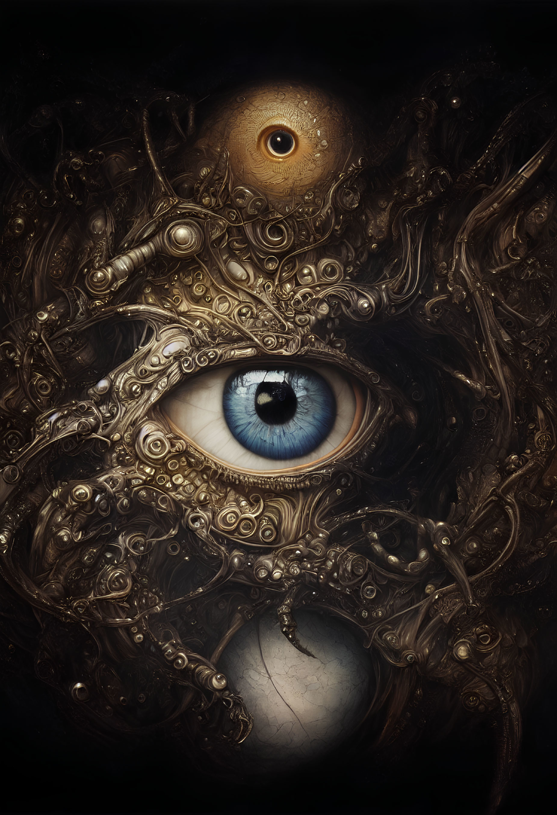 Detailed digital artwork: central human eye with metallic swirls in dark palette