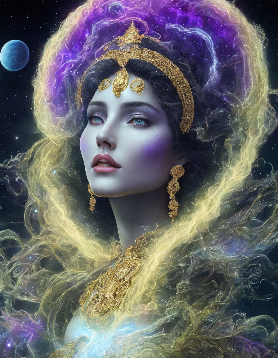 Cosmic portrait of woman with galaxy hair and moon background