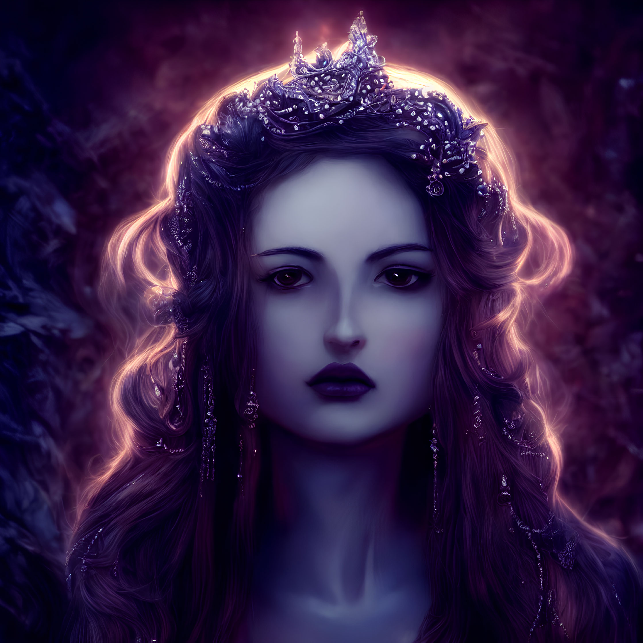 Digital art portrait of woman with glowing hair, detailed crown, jewelry, mystical purple background