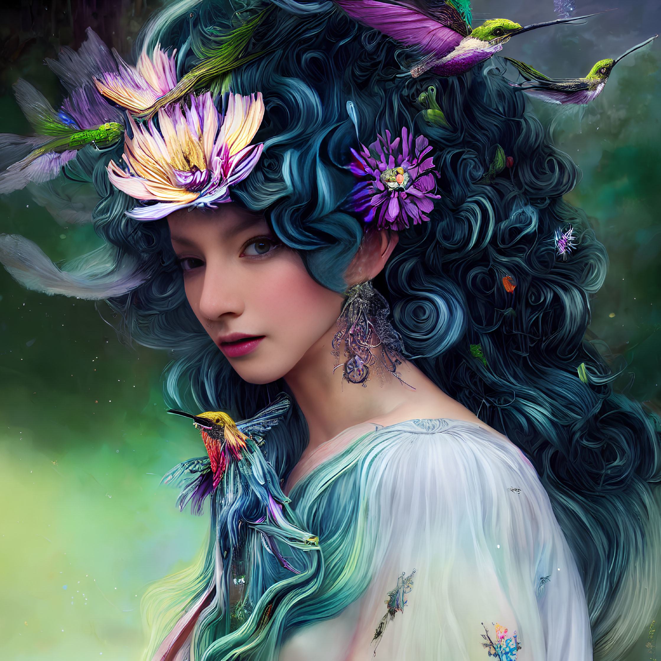 Vibrant blue curly hair with flowers and hummingbirds on a woman in white attire against green backdrop