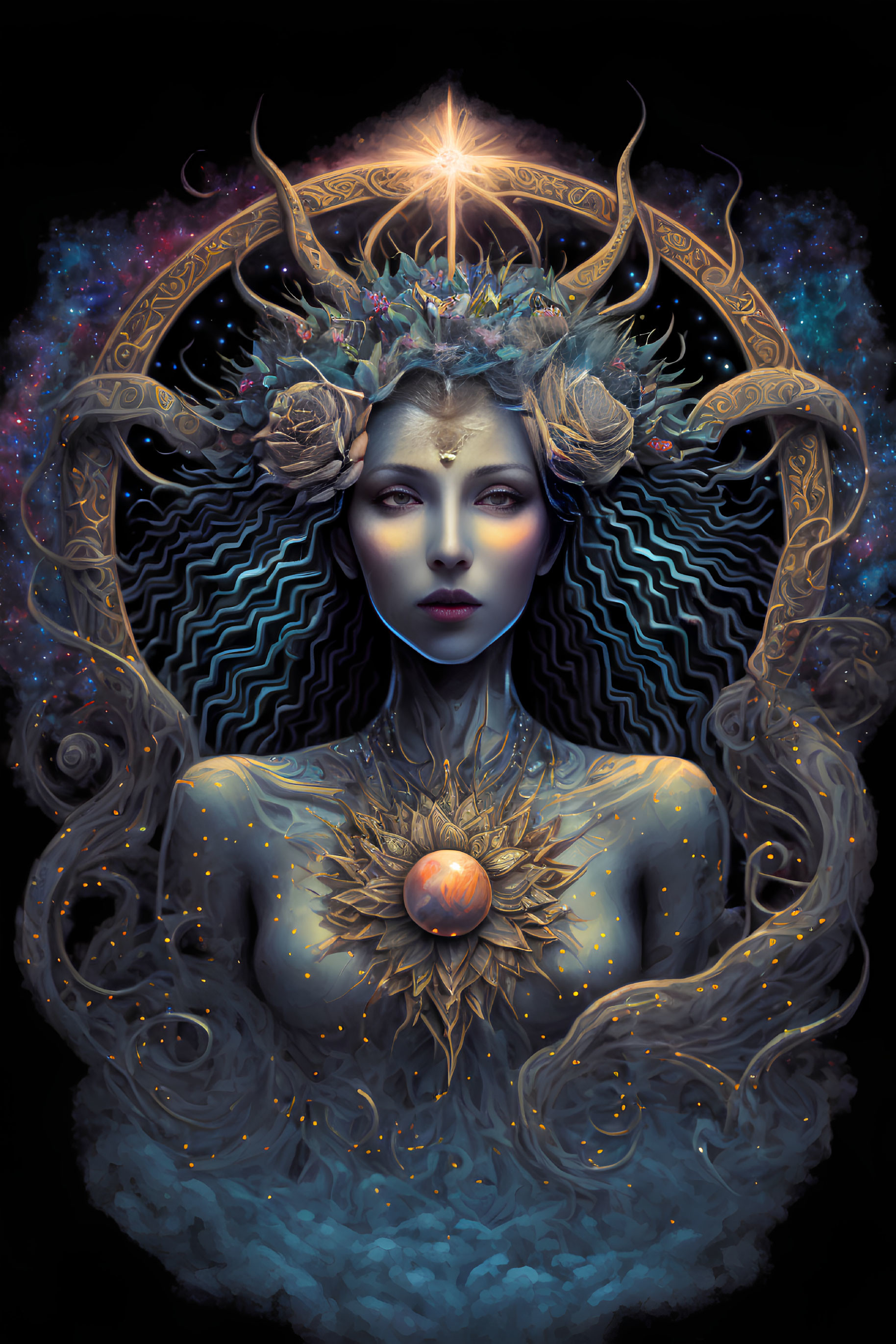 Mystical female figure with cosmic antlers and radiant heart
