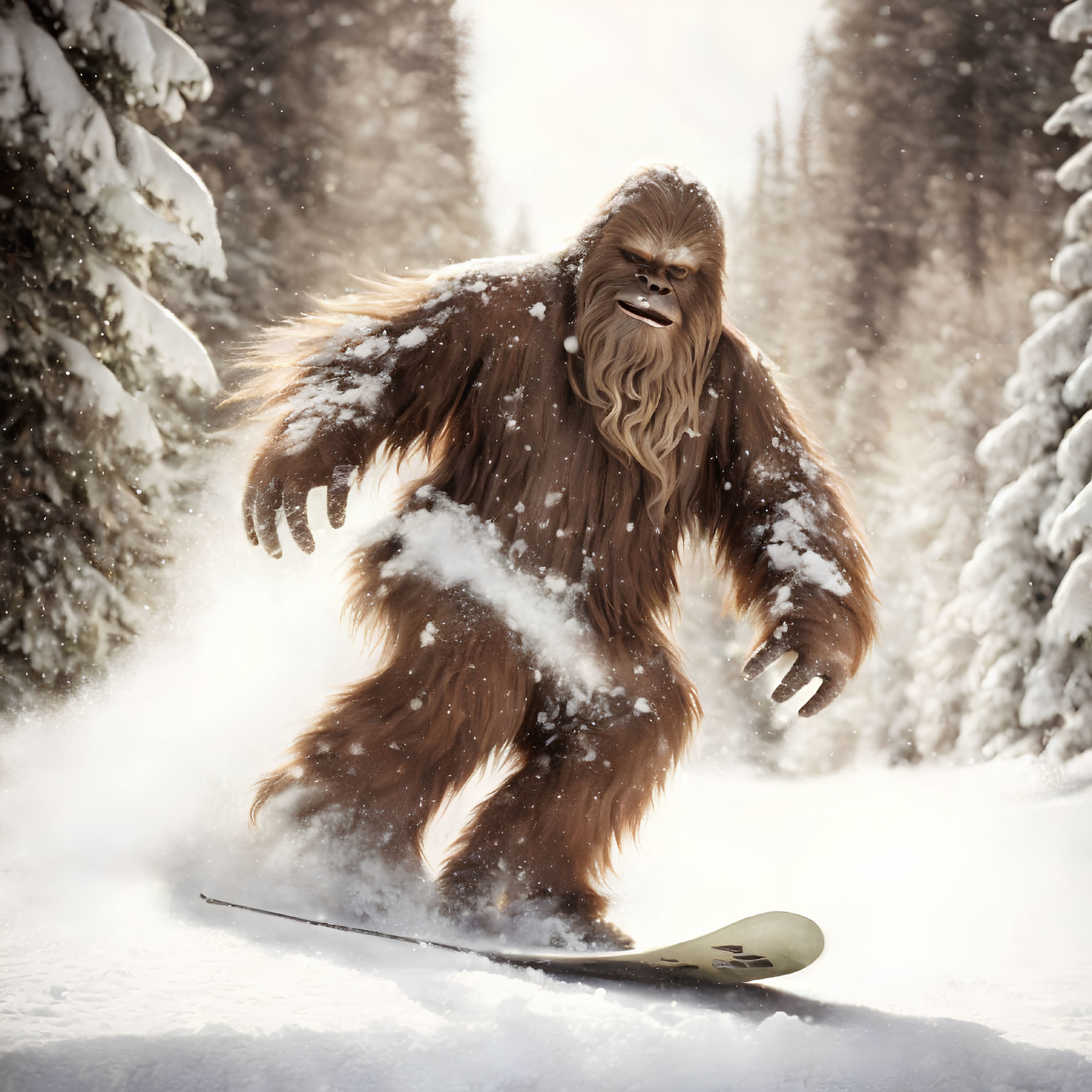 Large creature snowboarding on snowy hill with trees in background