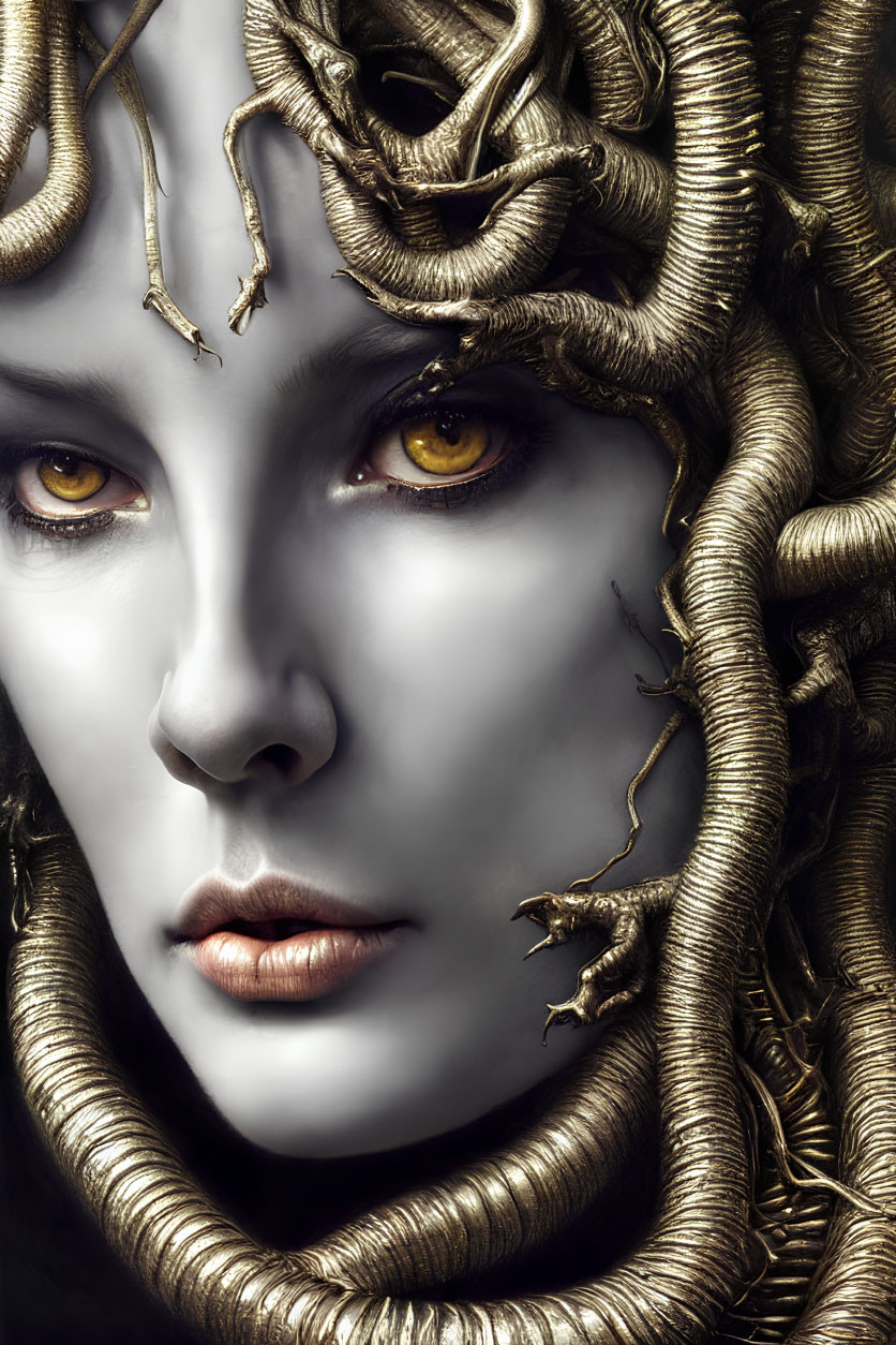 Surreal portrait of woman with pale skin and golden yellow eyes surrounded by serpentine creatures