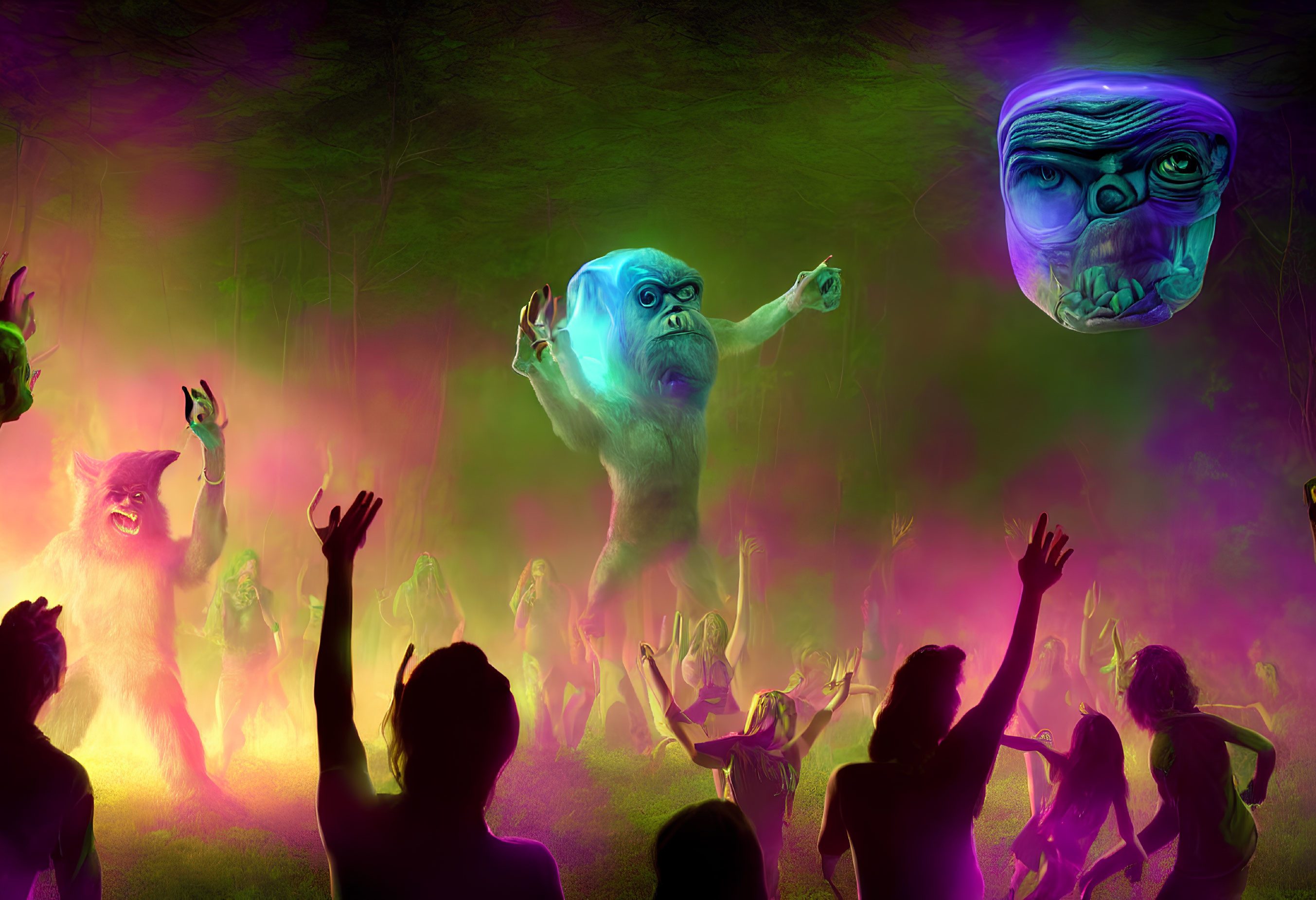 Colorful Fantasy Scene: Crowd Reaches for Blue Creature in Forest