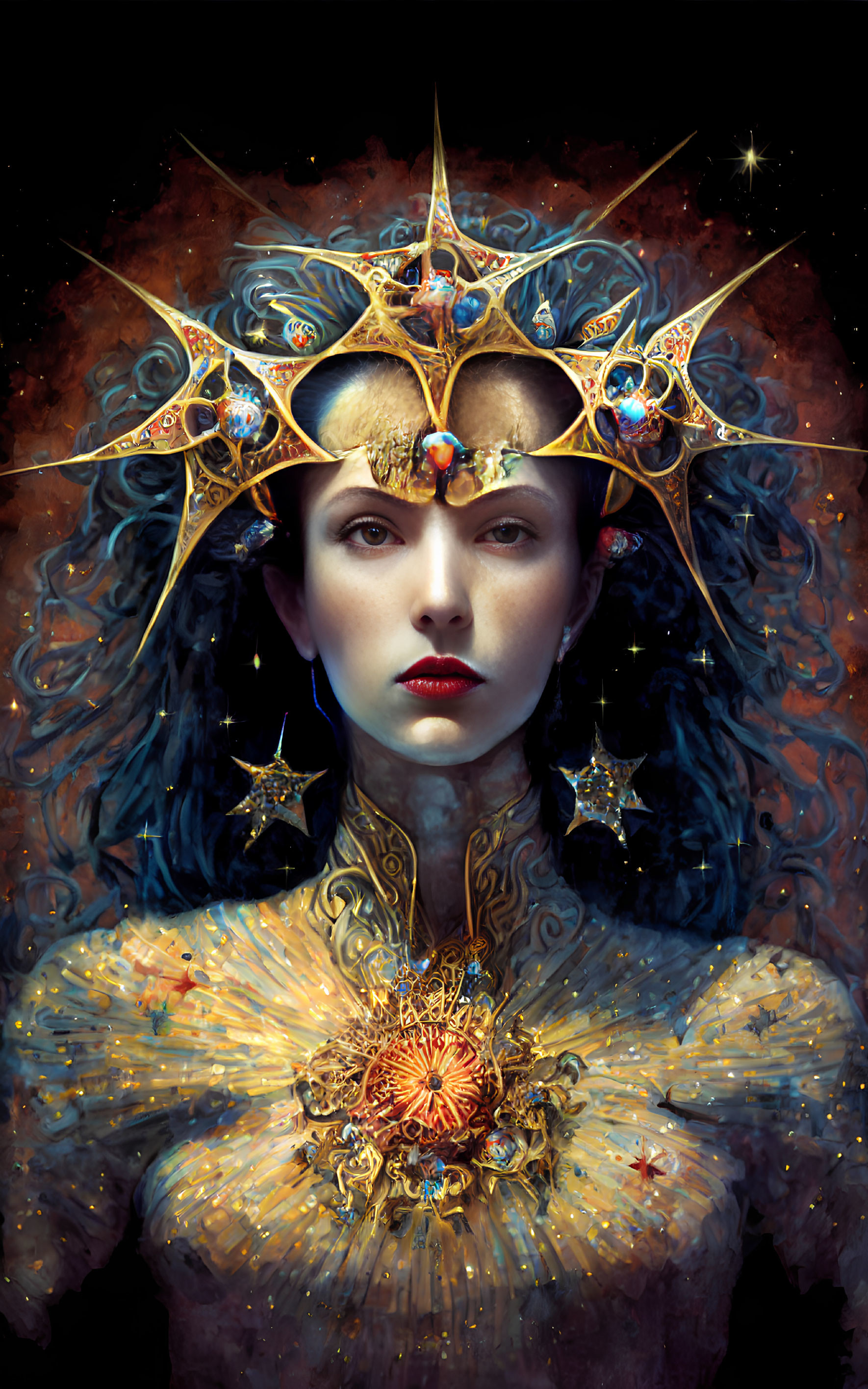 Regal figure with golden headdress and cosmic background