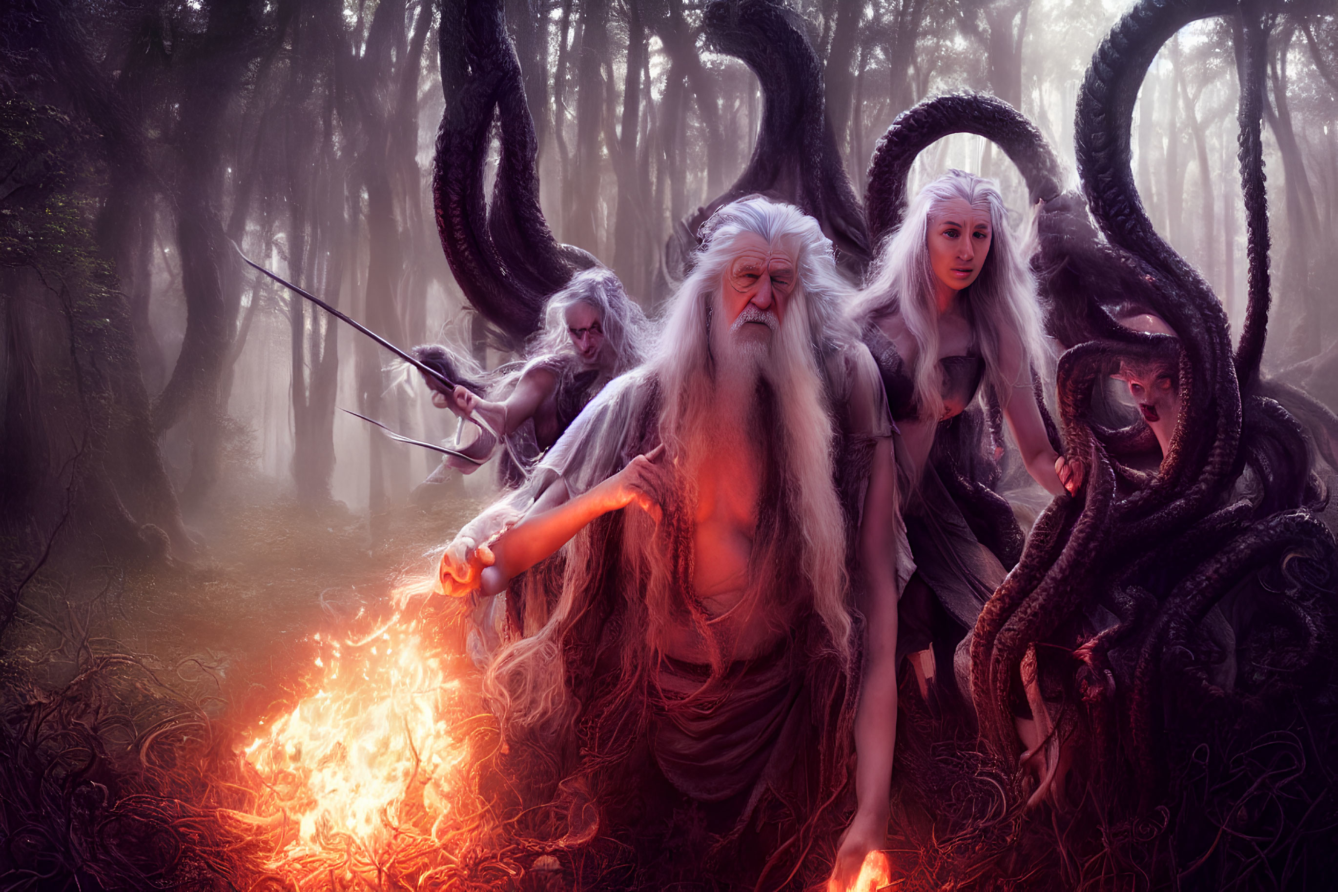 Elderly wizard conjuring fire with female warrior and mysterious character in misty forest