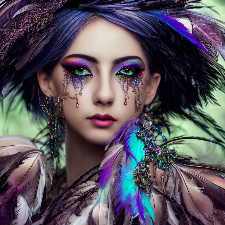 Colorful makeup and feather accessories on person against green backdrop