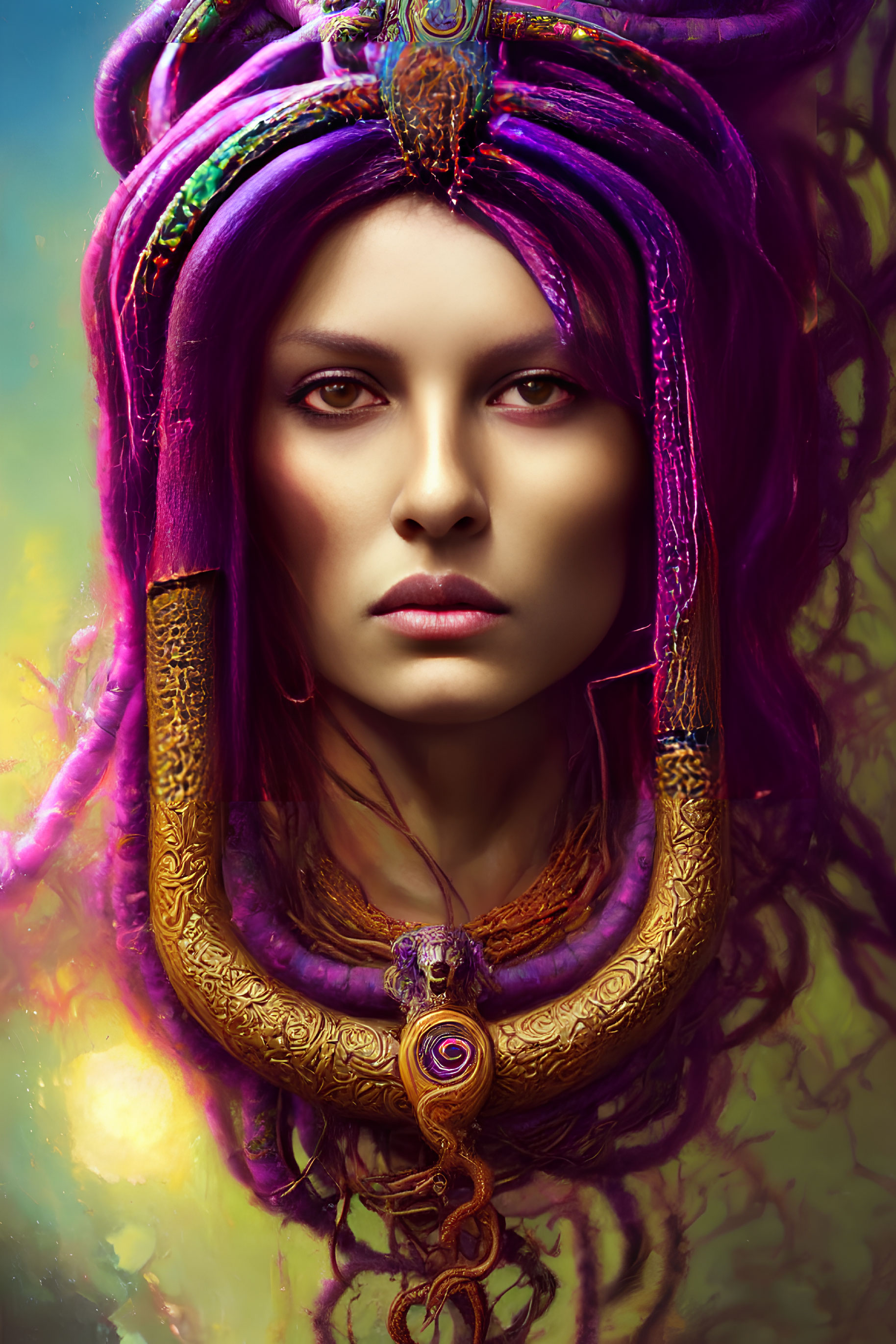 Vibrant Purple Hair Woman with Gold Jewelry in Abstract Background