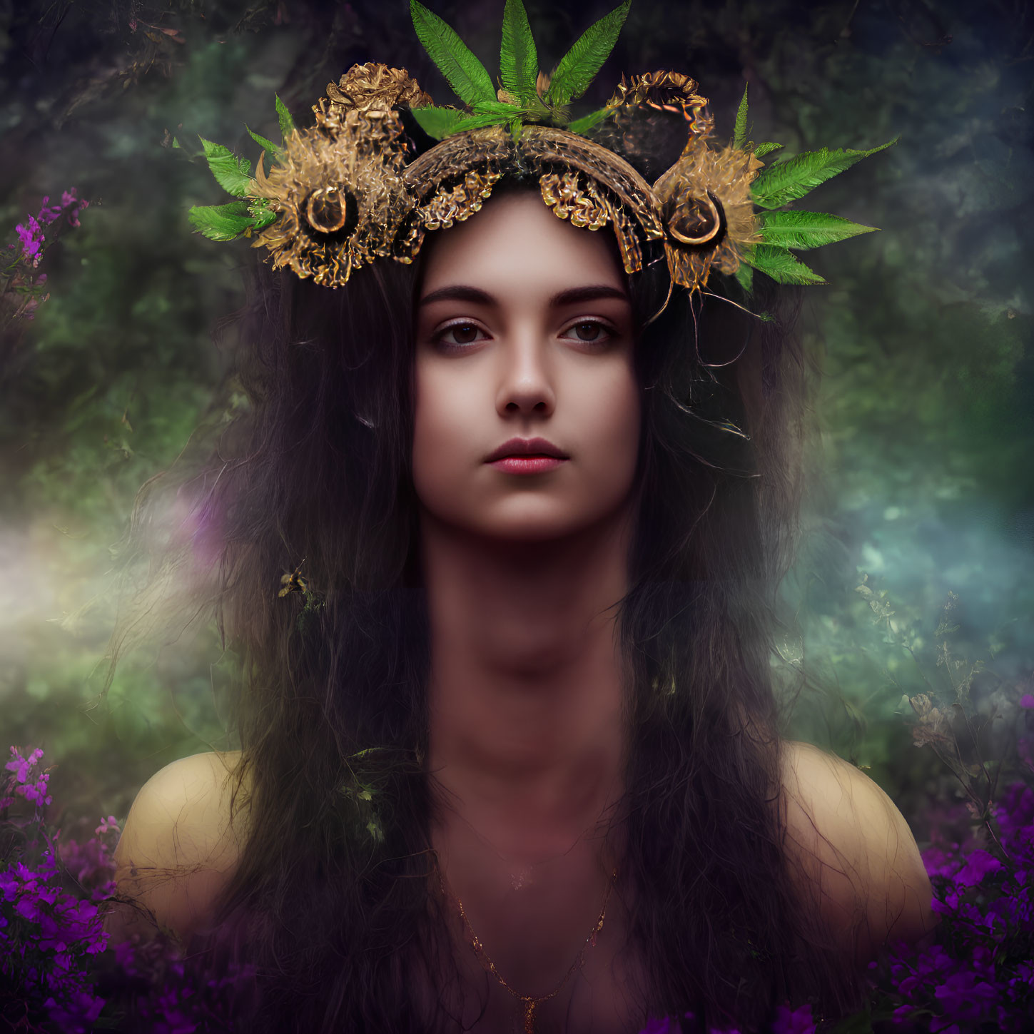 Mystical woman with leaf crown in dreamy floral setting