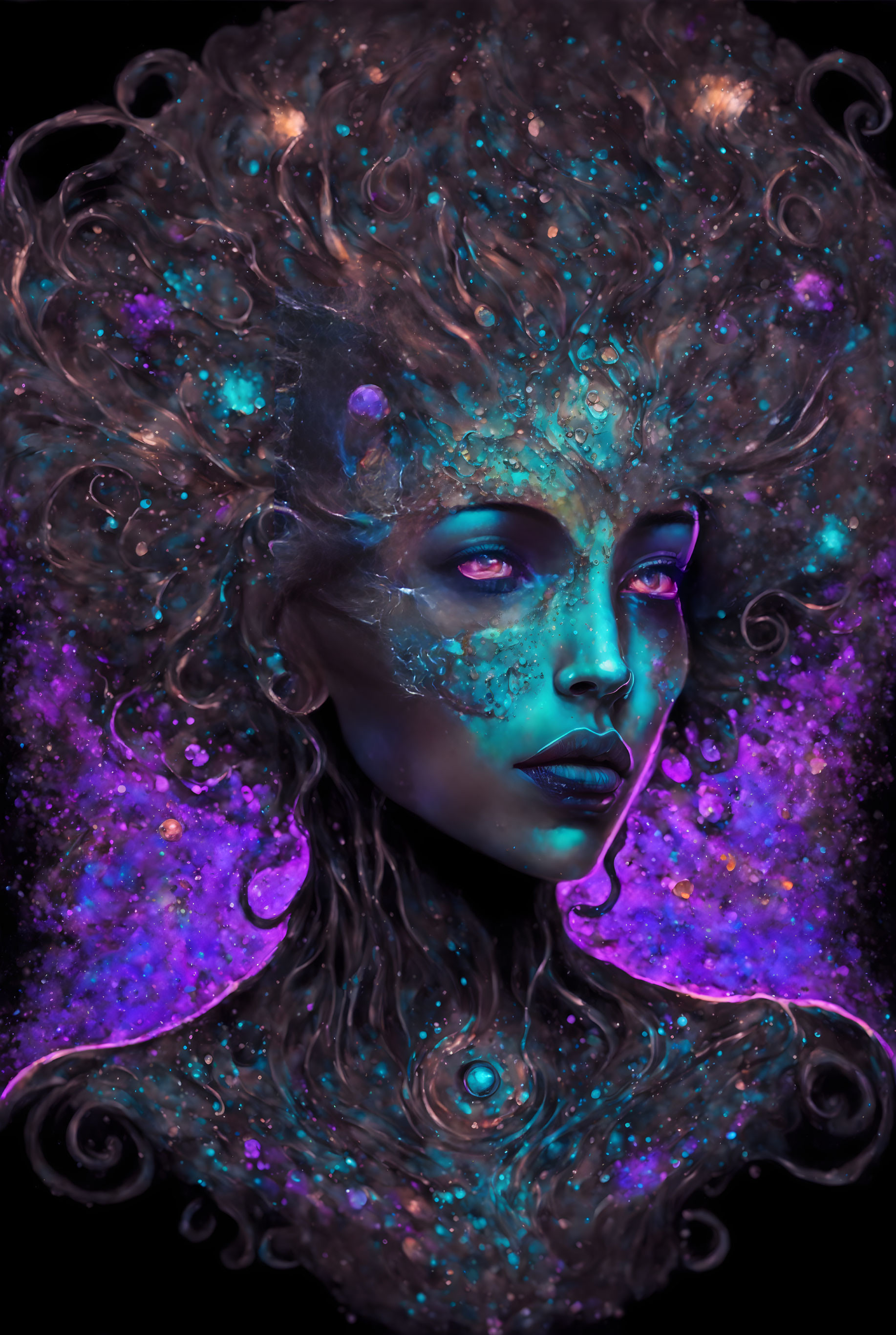 Colorful cosmic-themed digital portrait of a woman with purple and blue stars, galaxies, and nebula