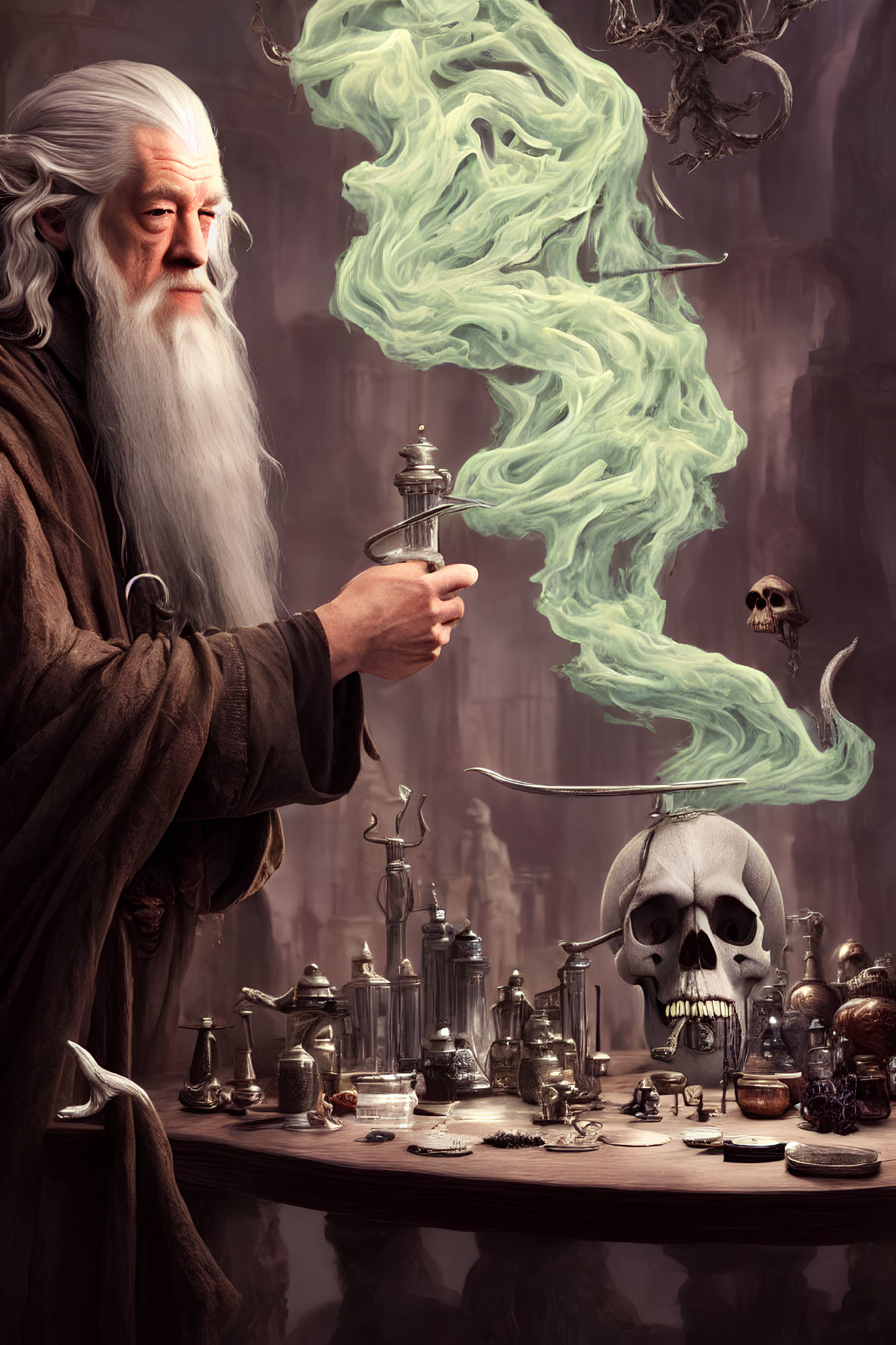 White-bearded wizard casting spells in mystical setting