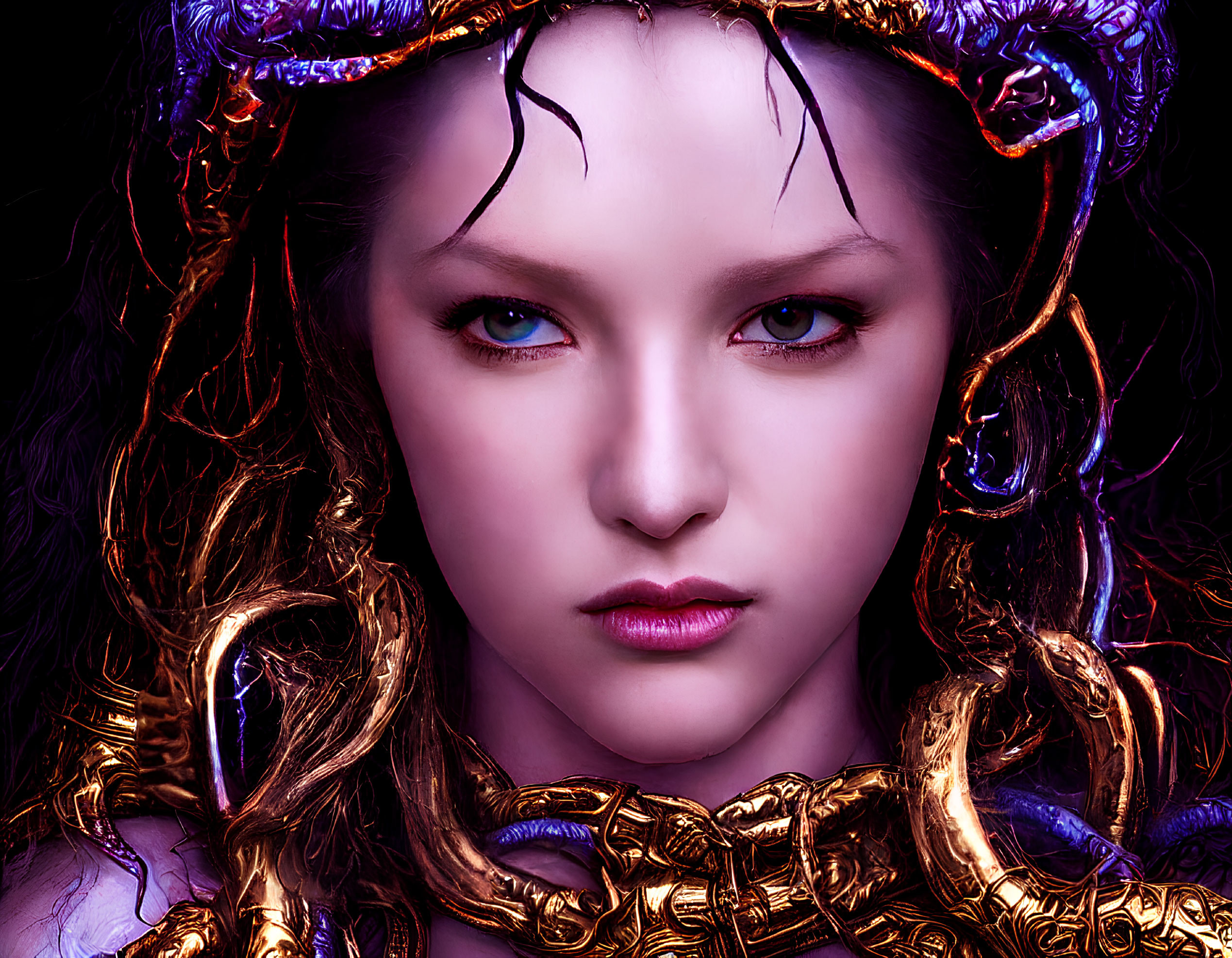 Digital artwork: Woman with intense eyes, purple and gold ornaments on dark background