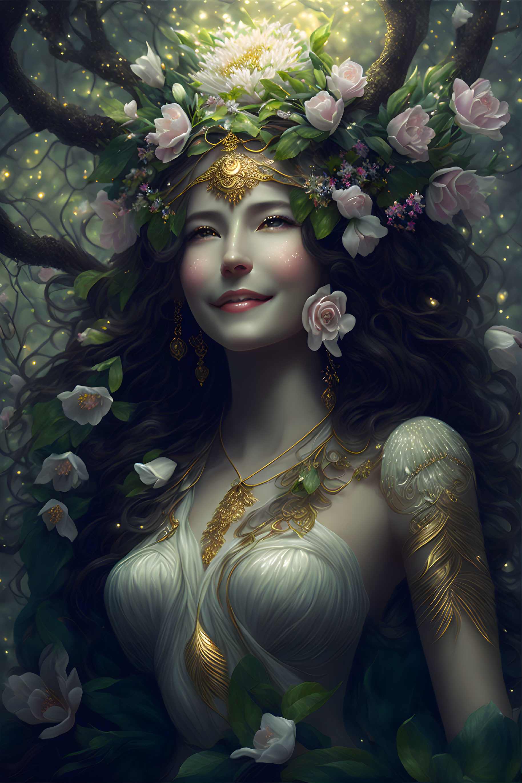 Serene woman adorned with gold jewelry and floral crown in lush greenery