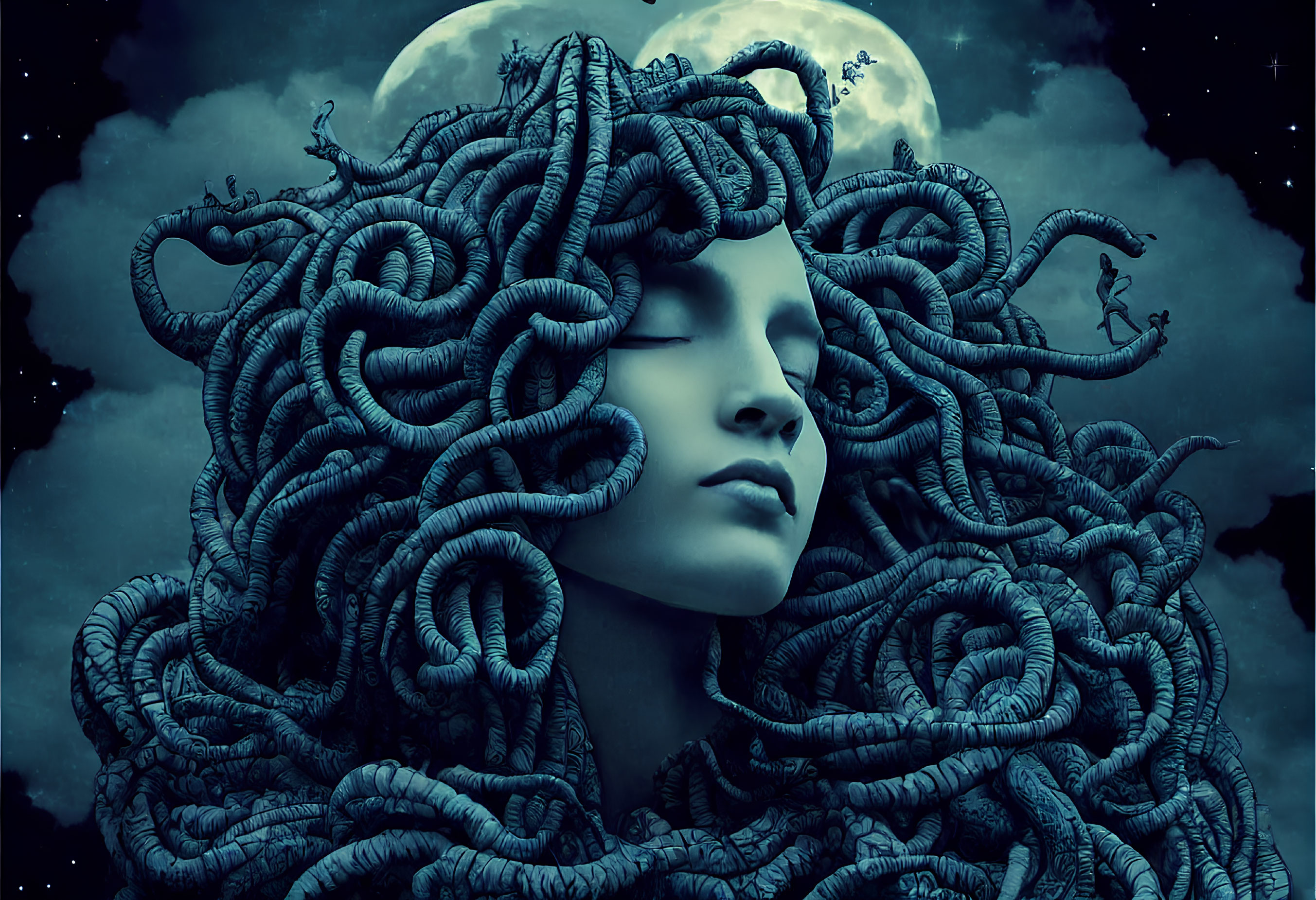 Surreal illustration of person with serpentine hair under moonlit sky