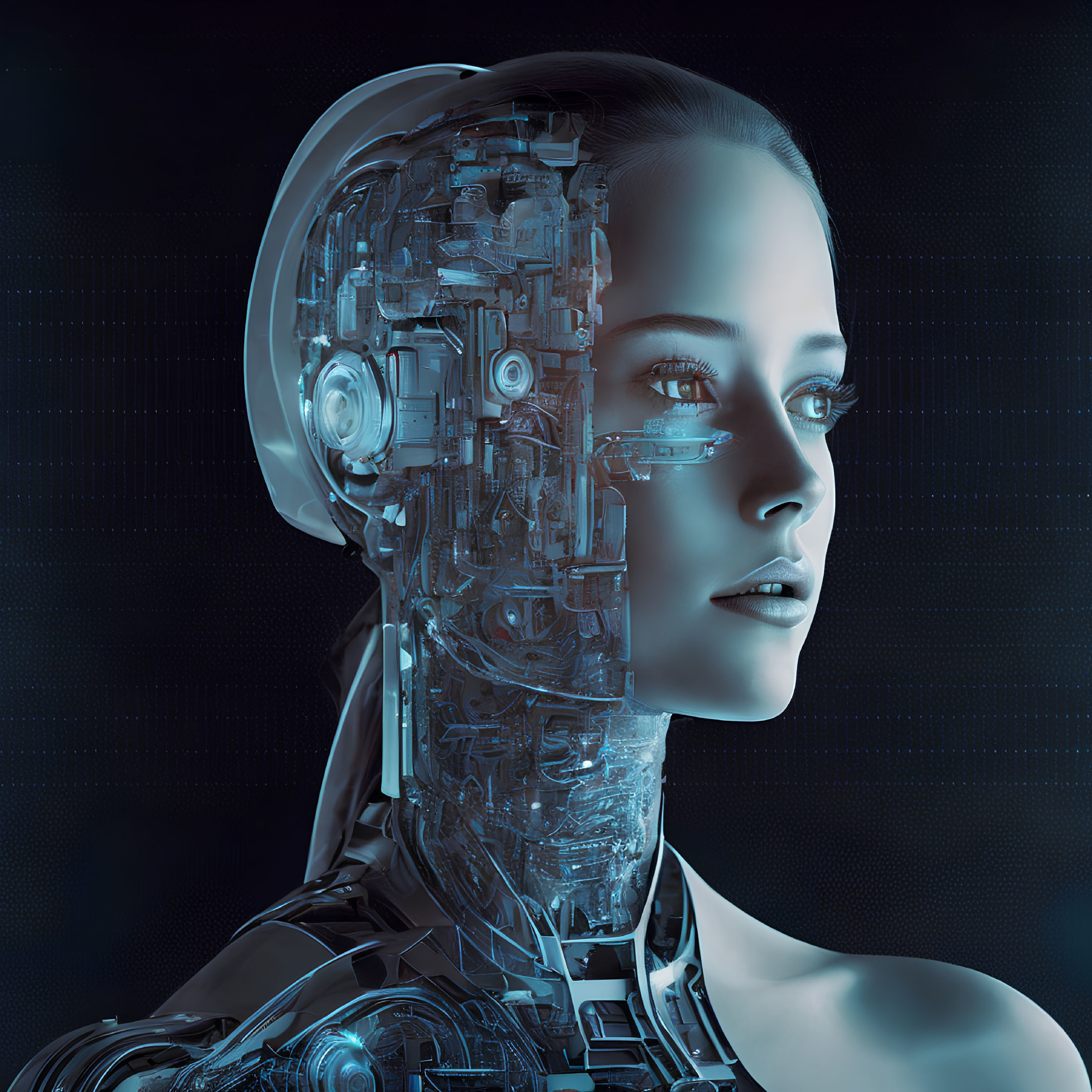 Female humanoid robot portrait with exposed mechanical head and neck on dark background