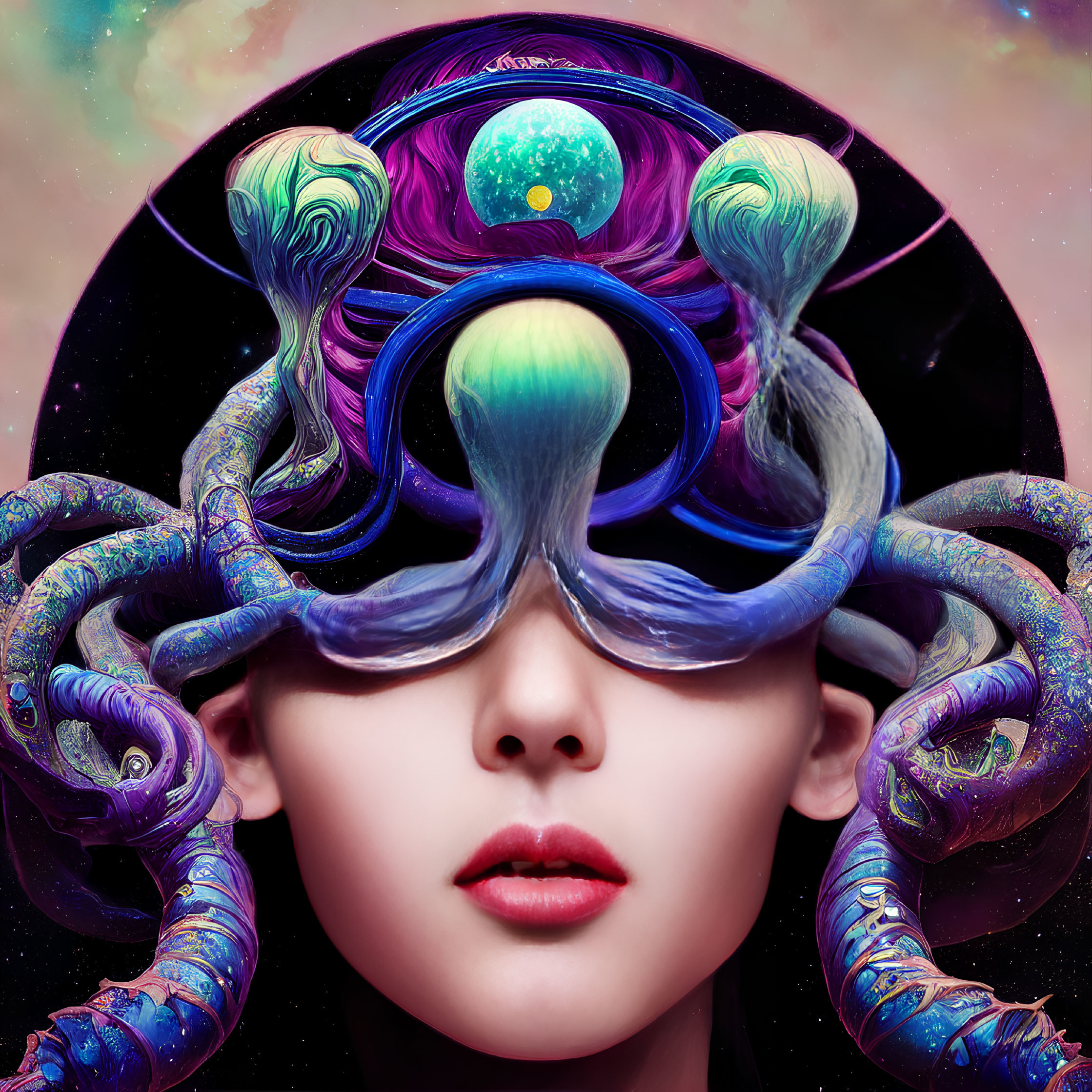 Surreal portrait with tentacle-like hair and cosmic backdrop in circular frame