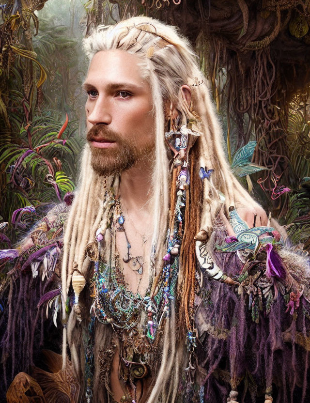 Fantasy-themed portrait of an individual with blond dreadlocked hair and ornate jewelry in a forest setting