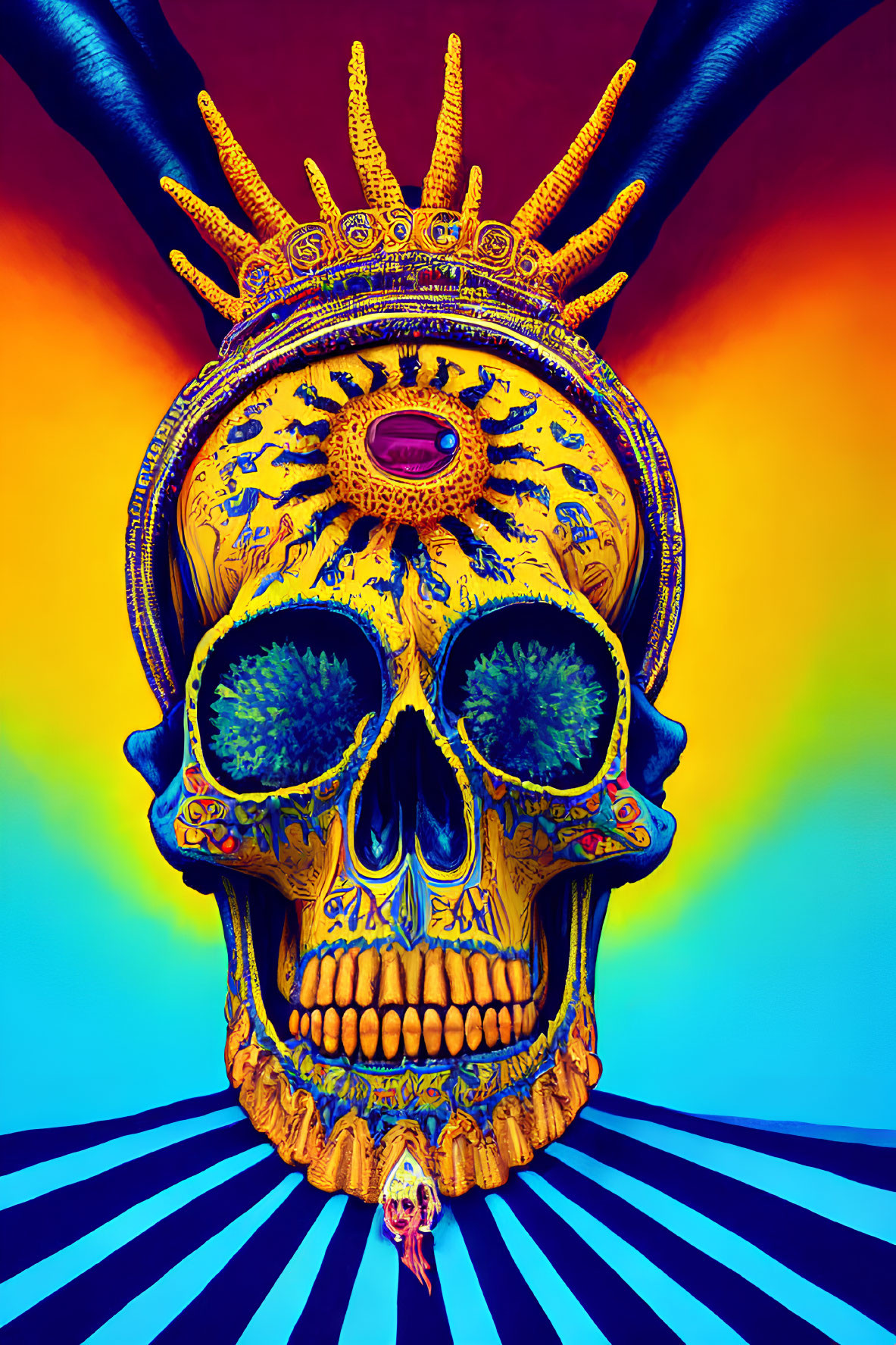 Colorful skull art with crown and intricate patterns on blue and red backdrop