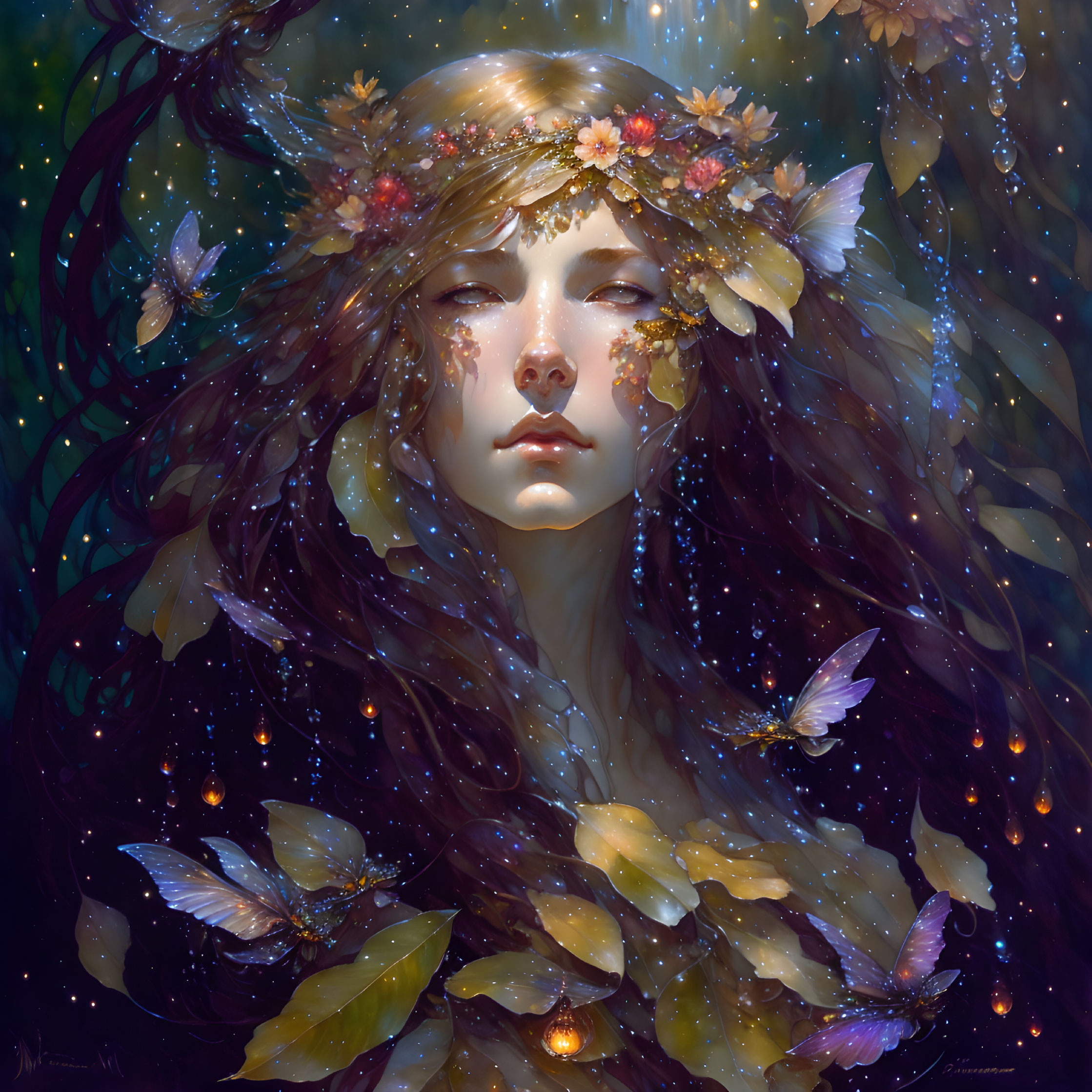 Ethereal woman with flower crown and butterflies in shimmering lights