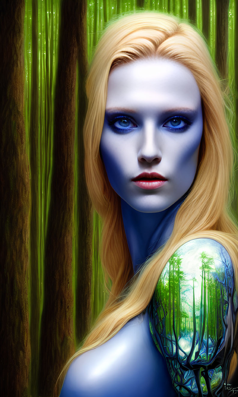 Digital Art Portrait: Woman with Blue Skin and Blonde Hair in Forest Setting